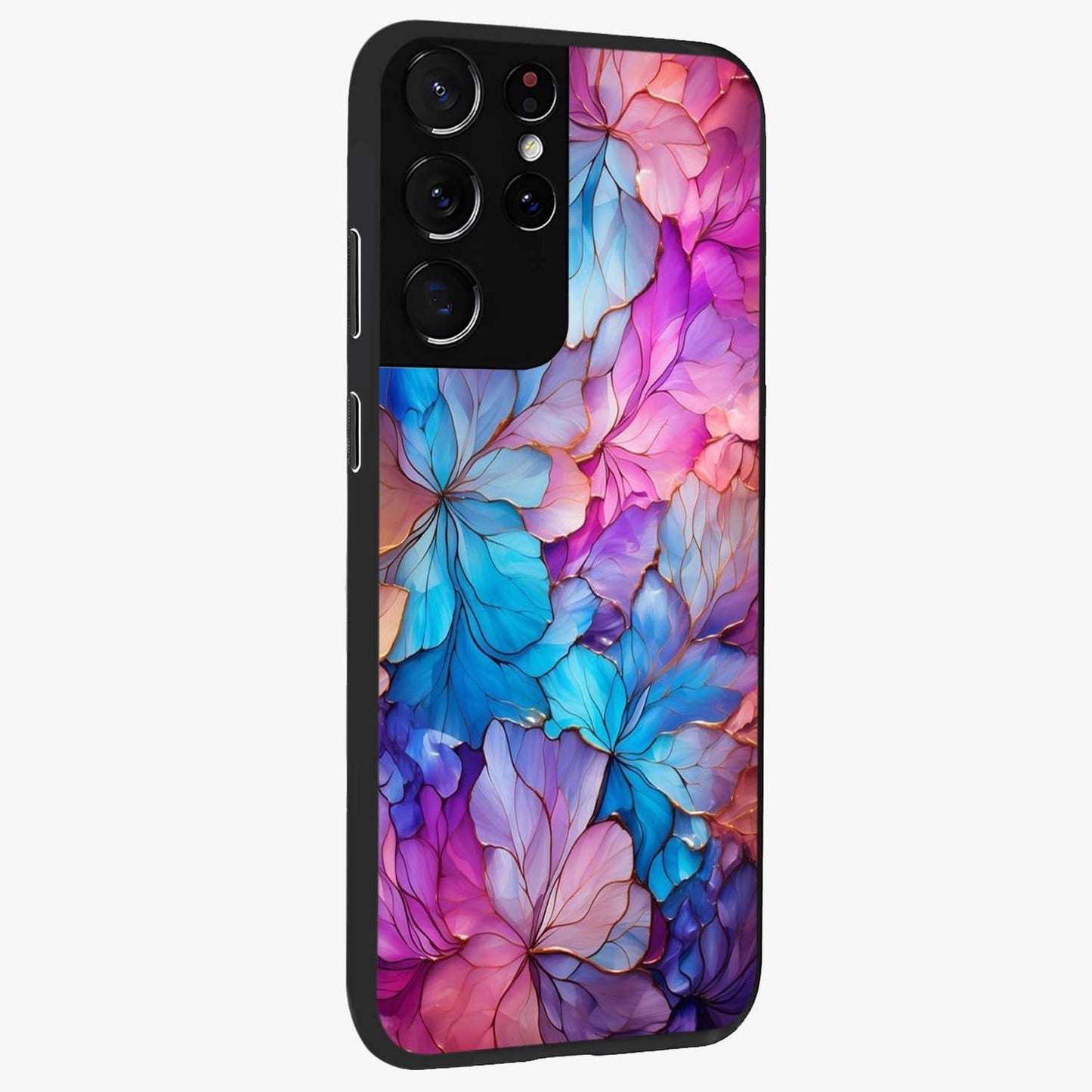 Radiant Floral Whirl Glass Case upright view showcasing lively floral artwork with decorative swirl theme.