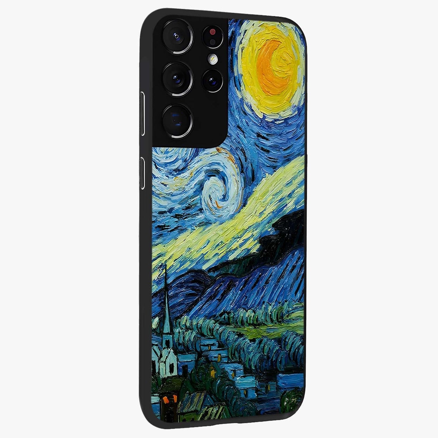 Van Gogh Art Glass Case upright view showcasing expressive painting style artwork with timeless artistic theme.
