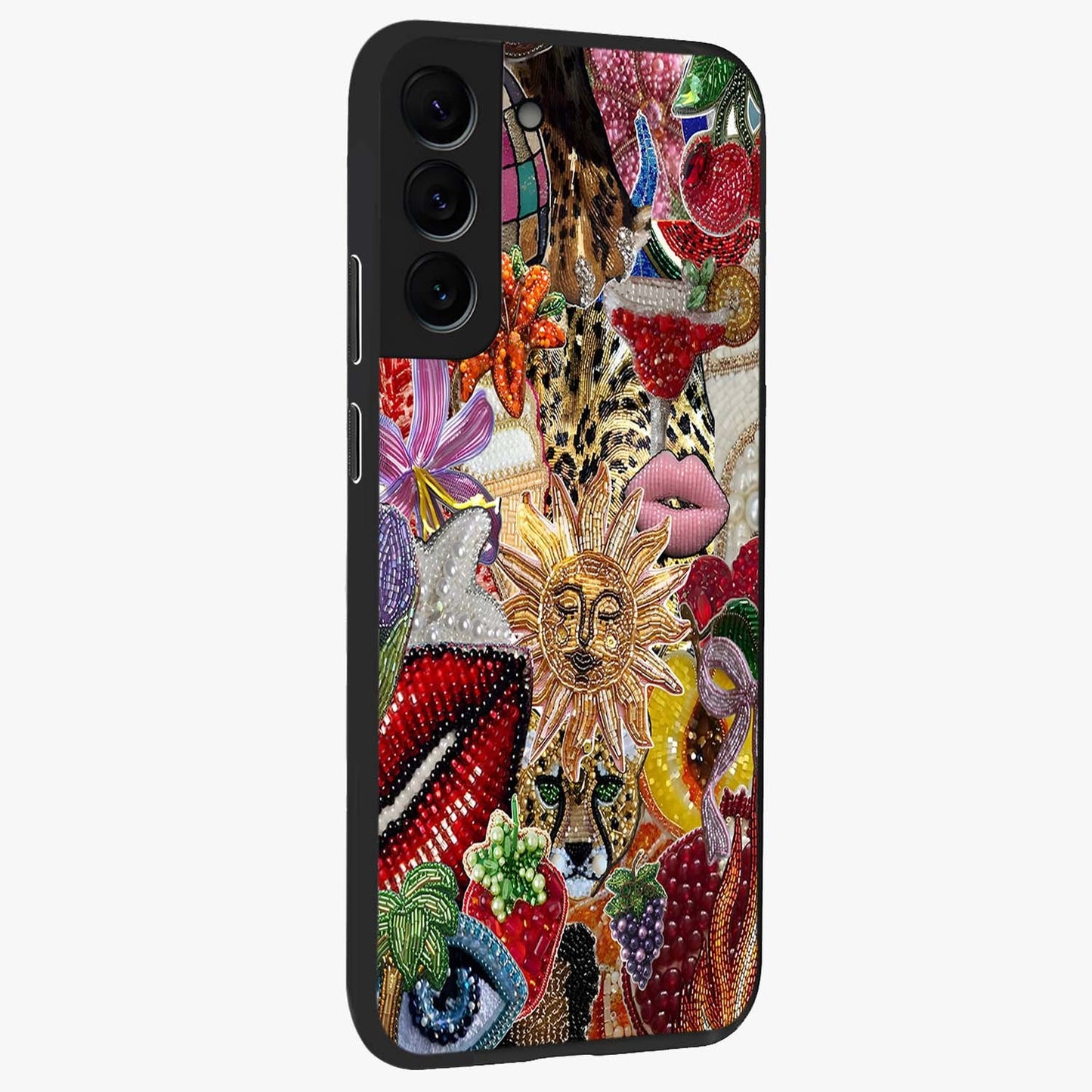 Beaded Fashion Jungle Glass Case upright view showcasing tropical jungle aesthetic with decorative bead elements.