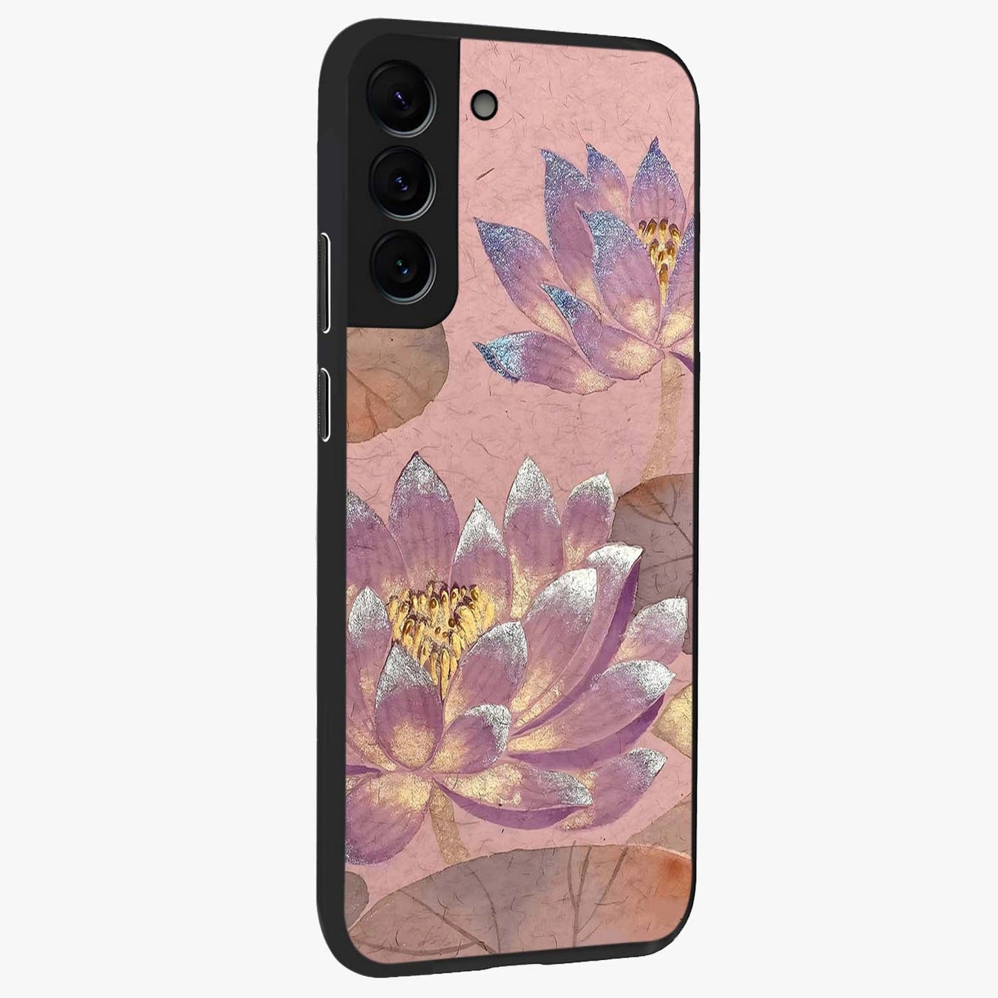 Blossom Mist Lotus Glass Case upright view showcasing graceful lotus flower design with peaceful botanical style.