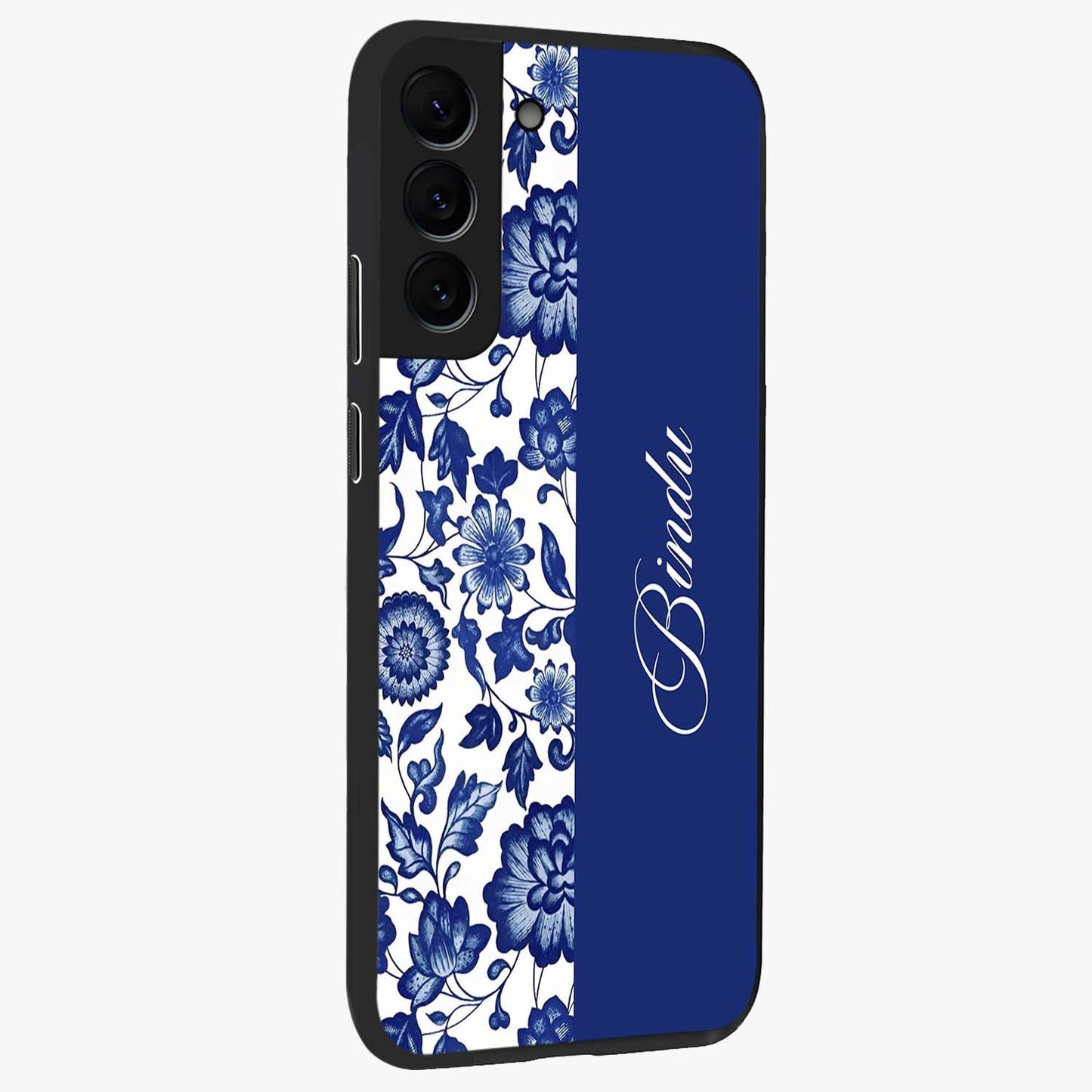 Blue Vintage Floral Pattern Glass Case upright view showcasing delicate blush floral texture with modern minimal style.