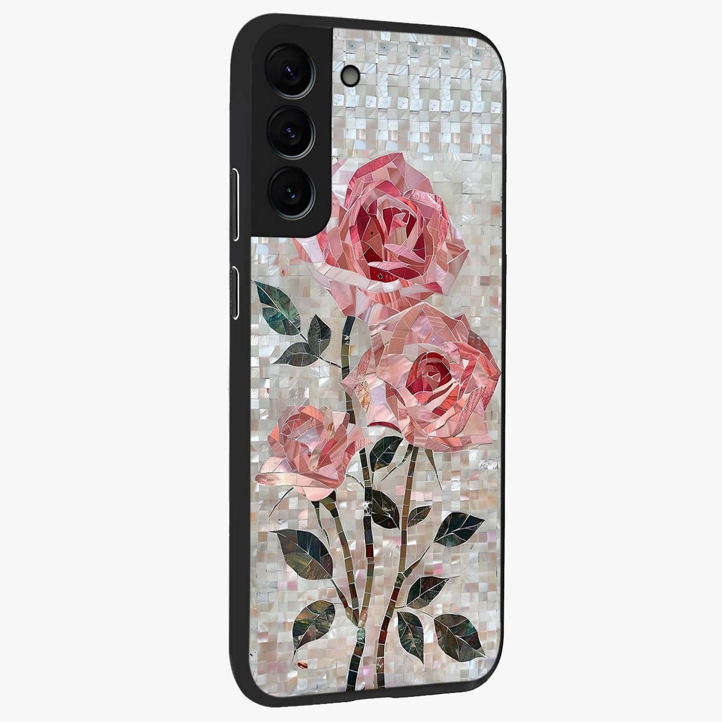 Blush Mosaic Bloom Glass Case upright view showcasing decorative floral mosaic artwork with stylish modern aesthetic.