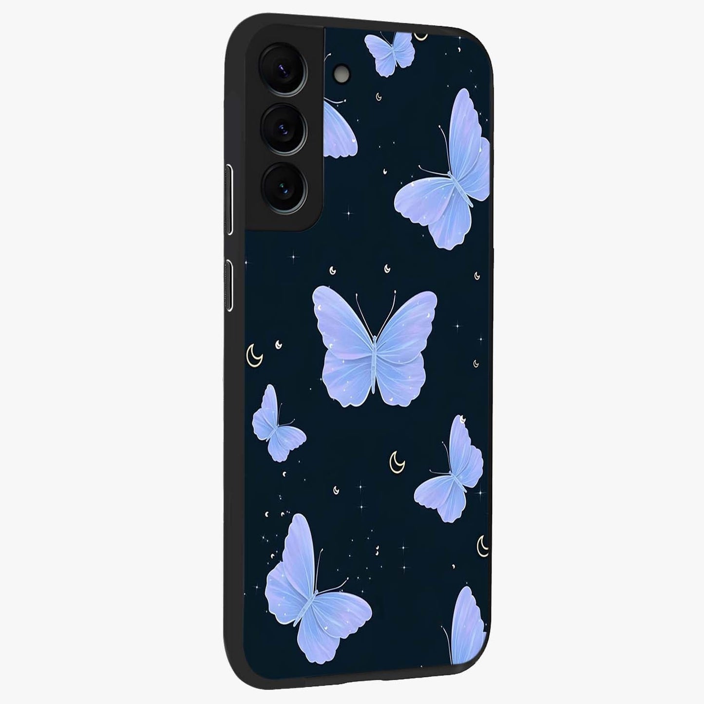 Butterfly With Stars Pattern Glass Case upright view showcasing celestial butterfly artwork with sparkling star elements.