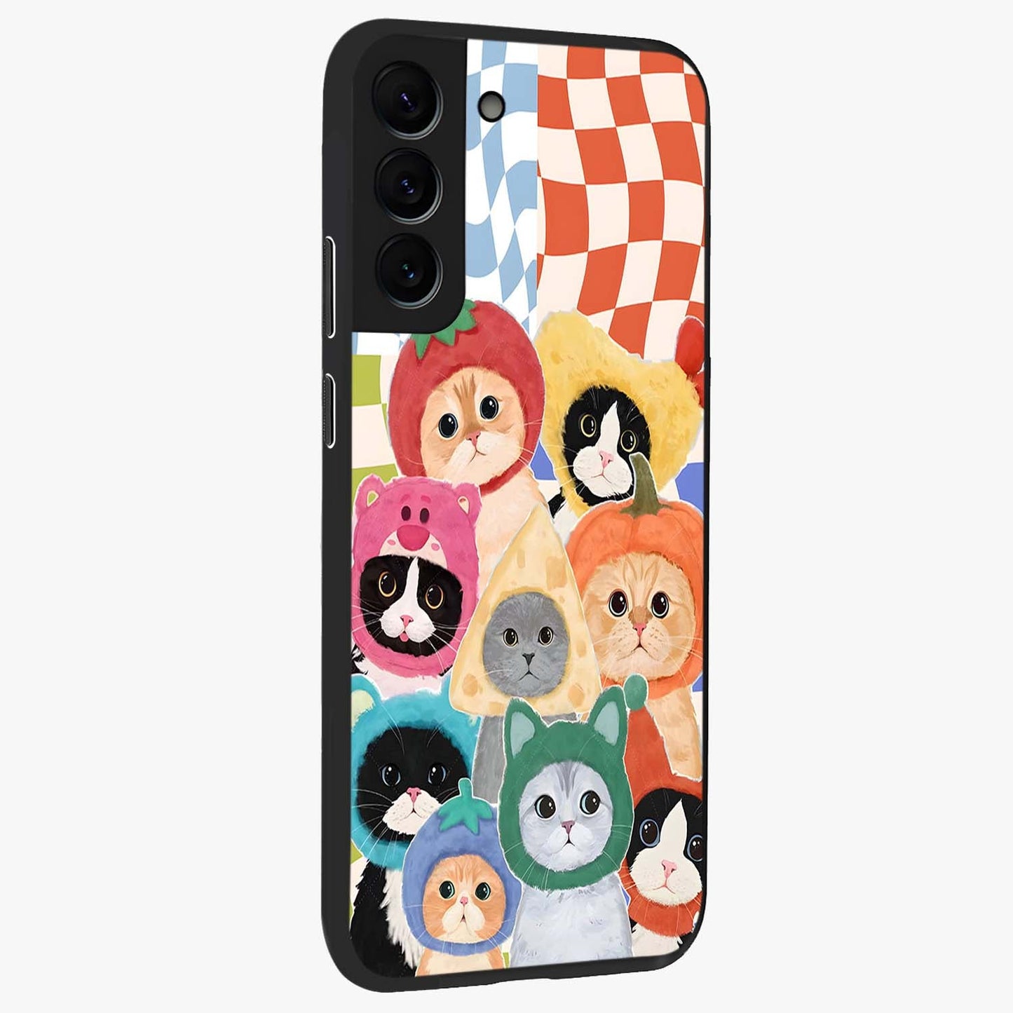 Cats in Fruits Glass Case upright view showcasing charming cat artwork with fun fruity theme.