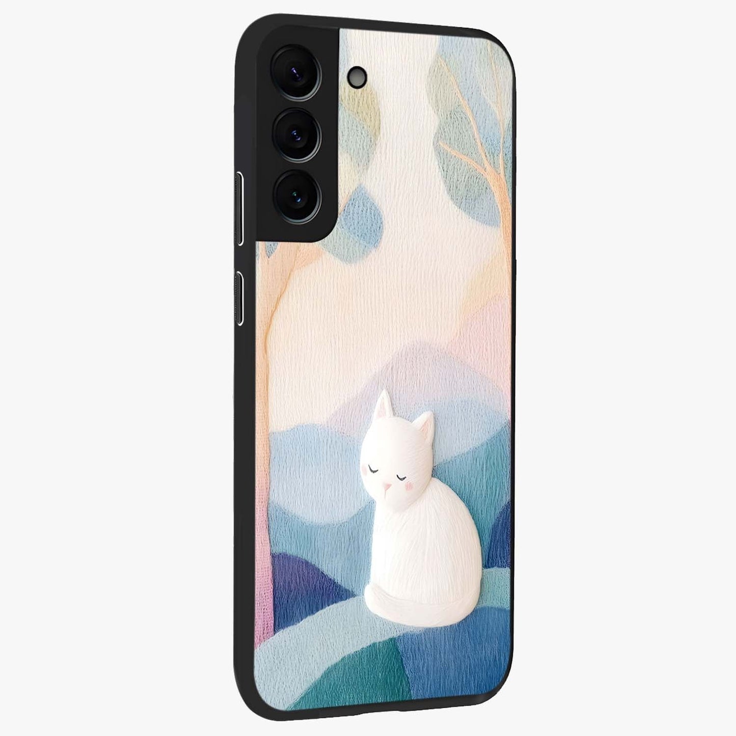 Cotton Dream Cat Glass Case upright view showcasing charming cat artwork with cozy dreamy theme.