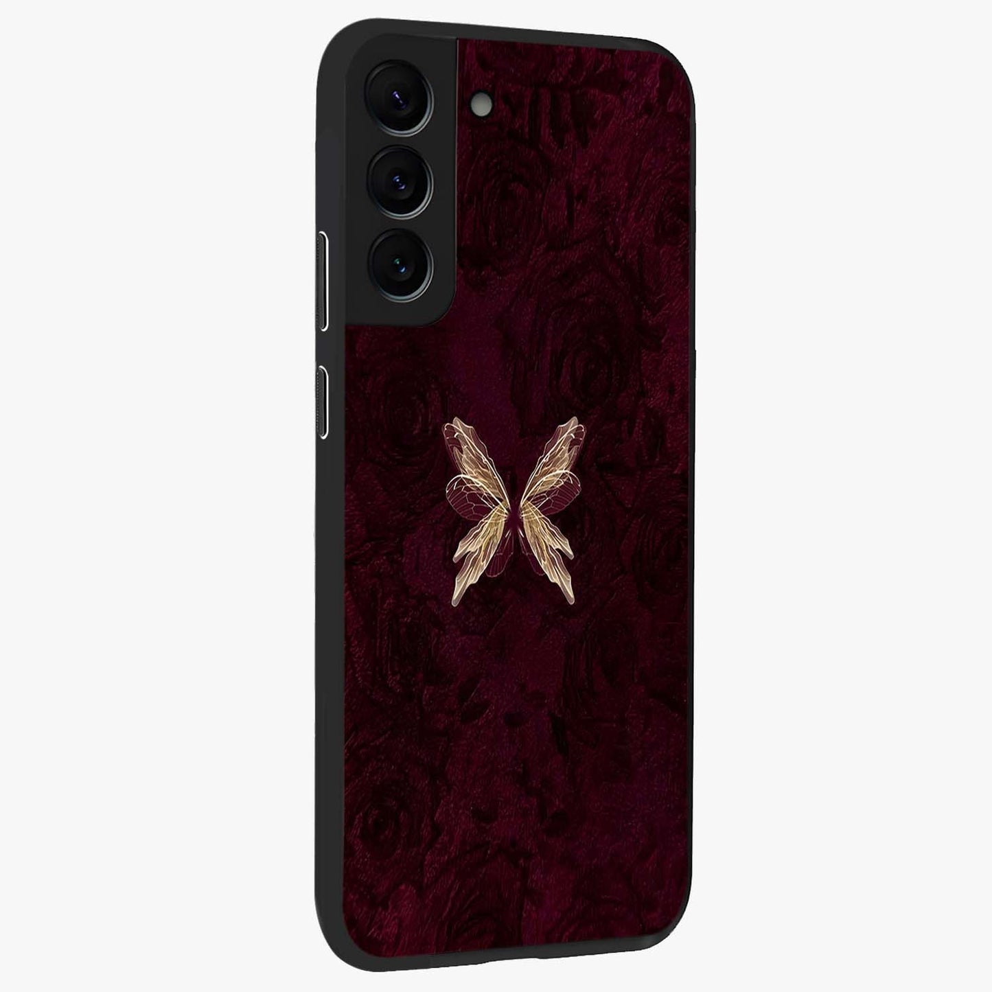 Crimson Fade Butterfly Glass Case upright view showcasing graceful butterfly artwork with soft crimson fade effect.