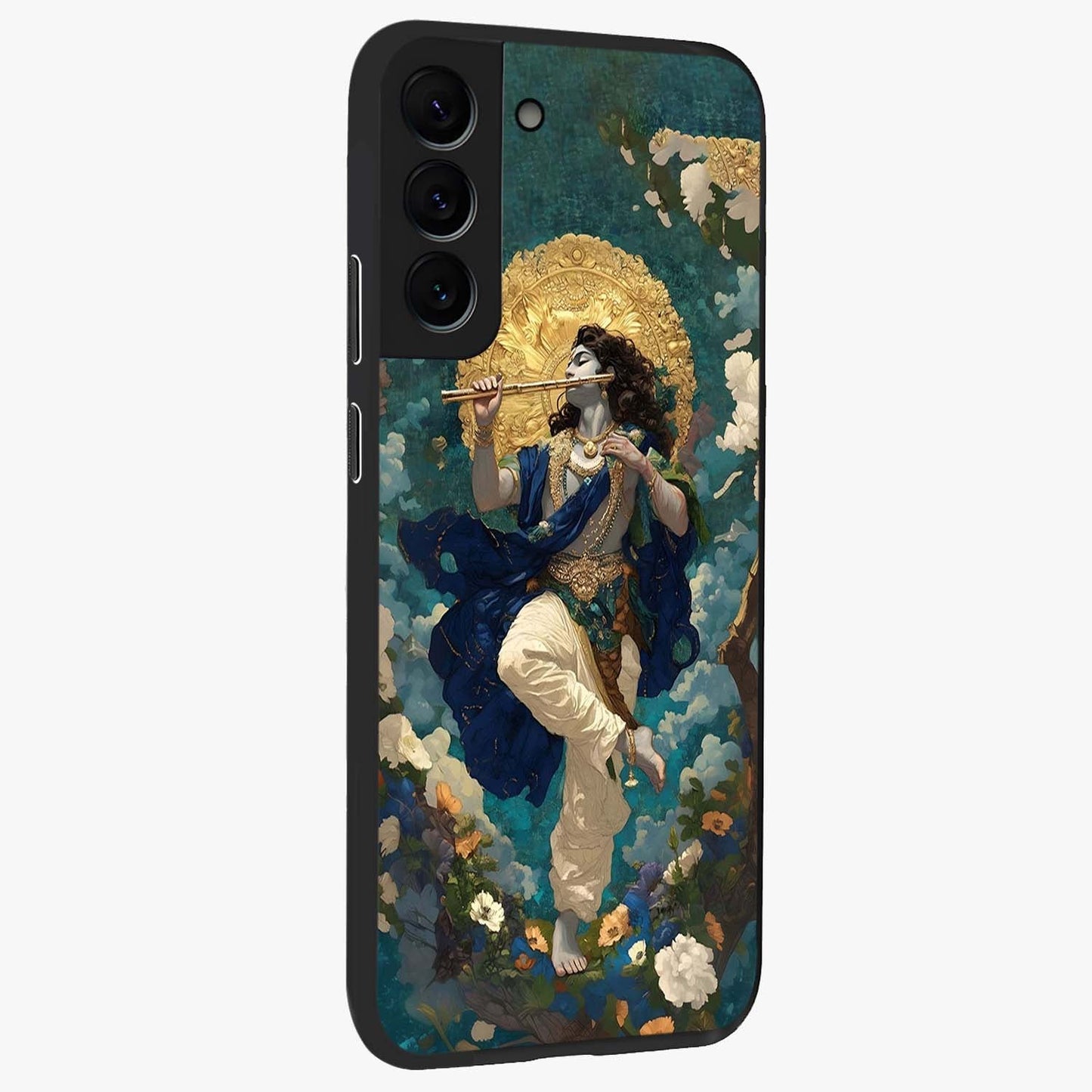 Divine Krishna Art Glass Case upright view showcasing divine Krishna artwork with sacred artistic theme.