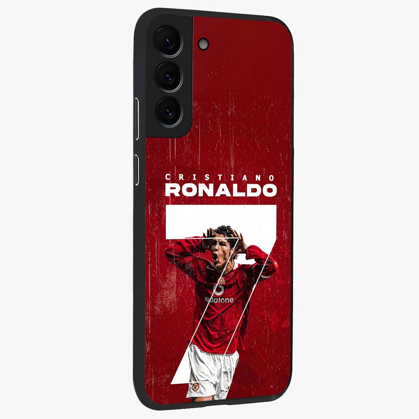 Goal Celebration Legacy Glass Case upright view showcasing dynamic football inspired artwork with victory celebration aesthetic.