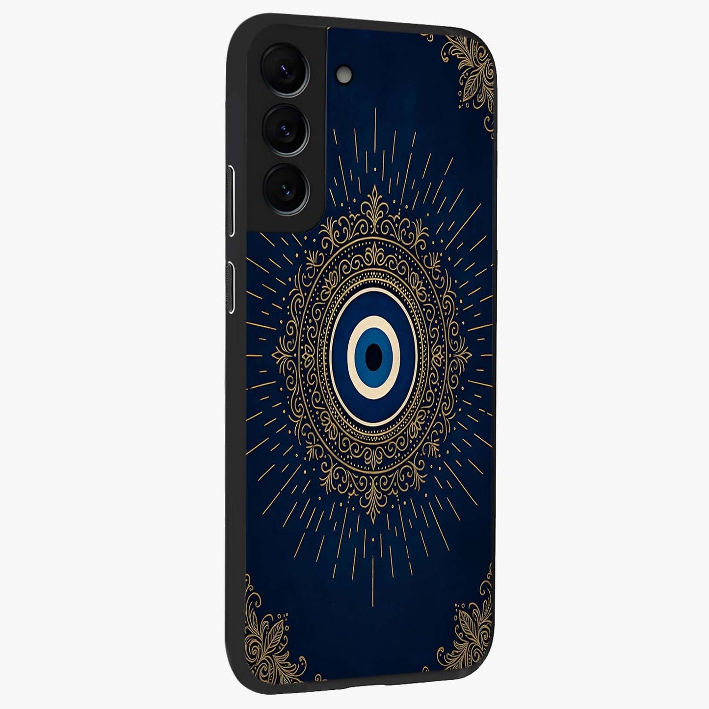 Golden Celestial Charm Glass Case upright view showcasing radiant celestial artwork with elegant golden theme.