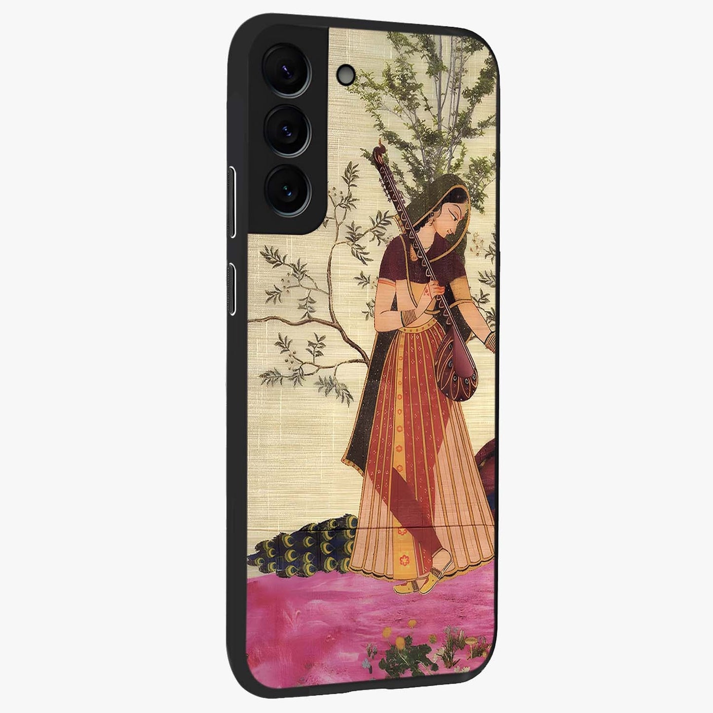 Lady With Veena Art Glass Case upright view showcasing classical veena artwork with traditional artistic theme.