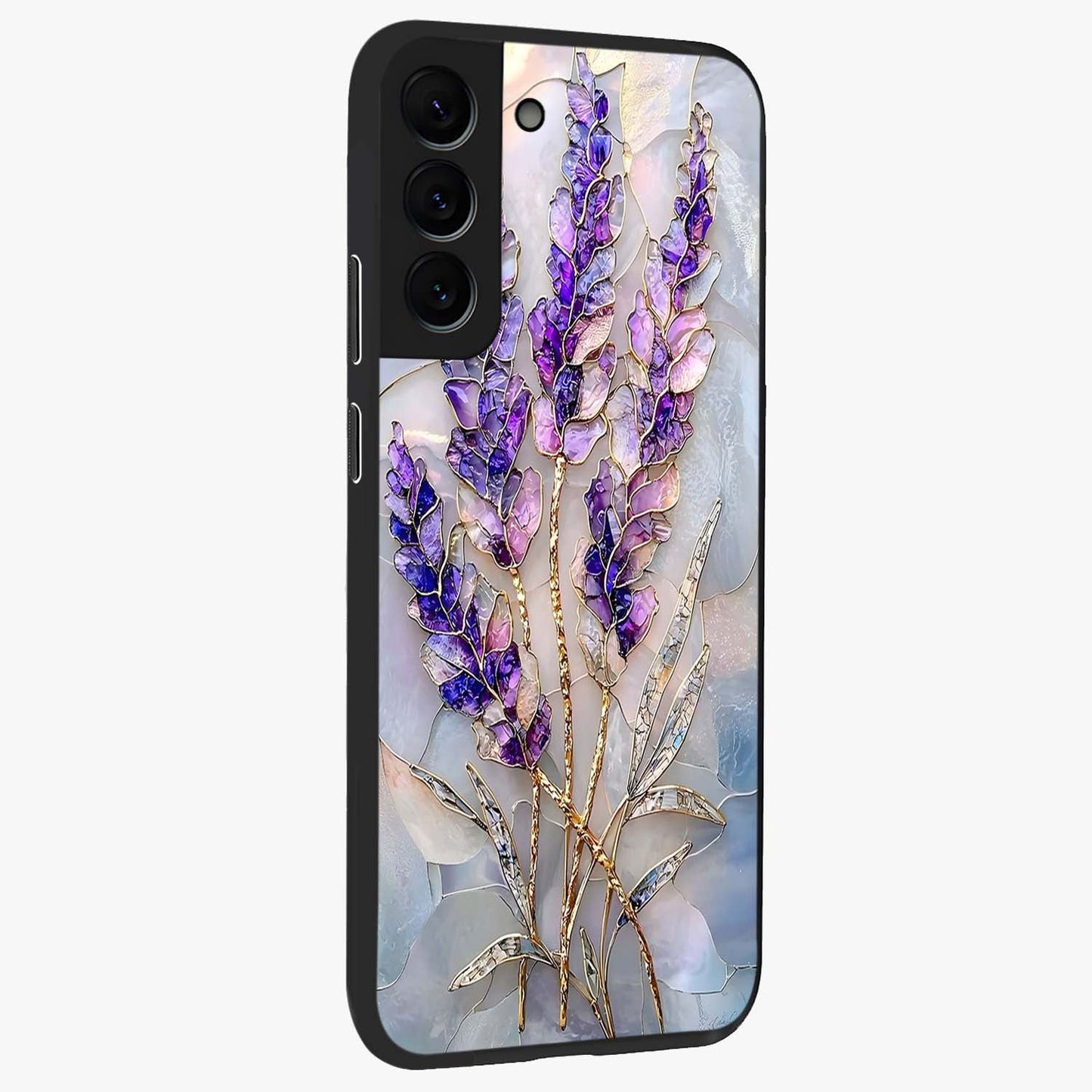 Lavender Dream Glow Glass Case upright view showcasing radiant lavender glow artwork with calming dreamy theme.