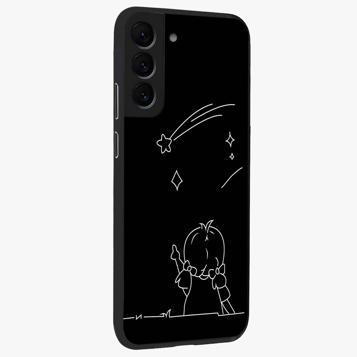 Line Art Girl With Shooting Stars Glass Case upright view showcasing delicate shooting stars artwork with minimal artistic theme.