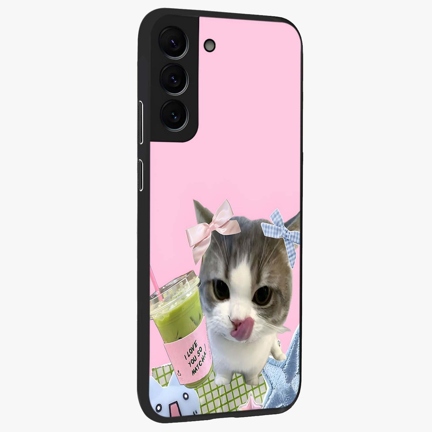 Love Matcha Cat Glass Case upright view showcasing adorable cat artwork with charming matcha themed design.