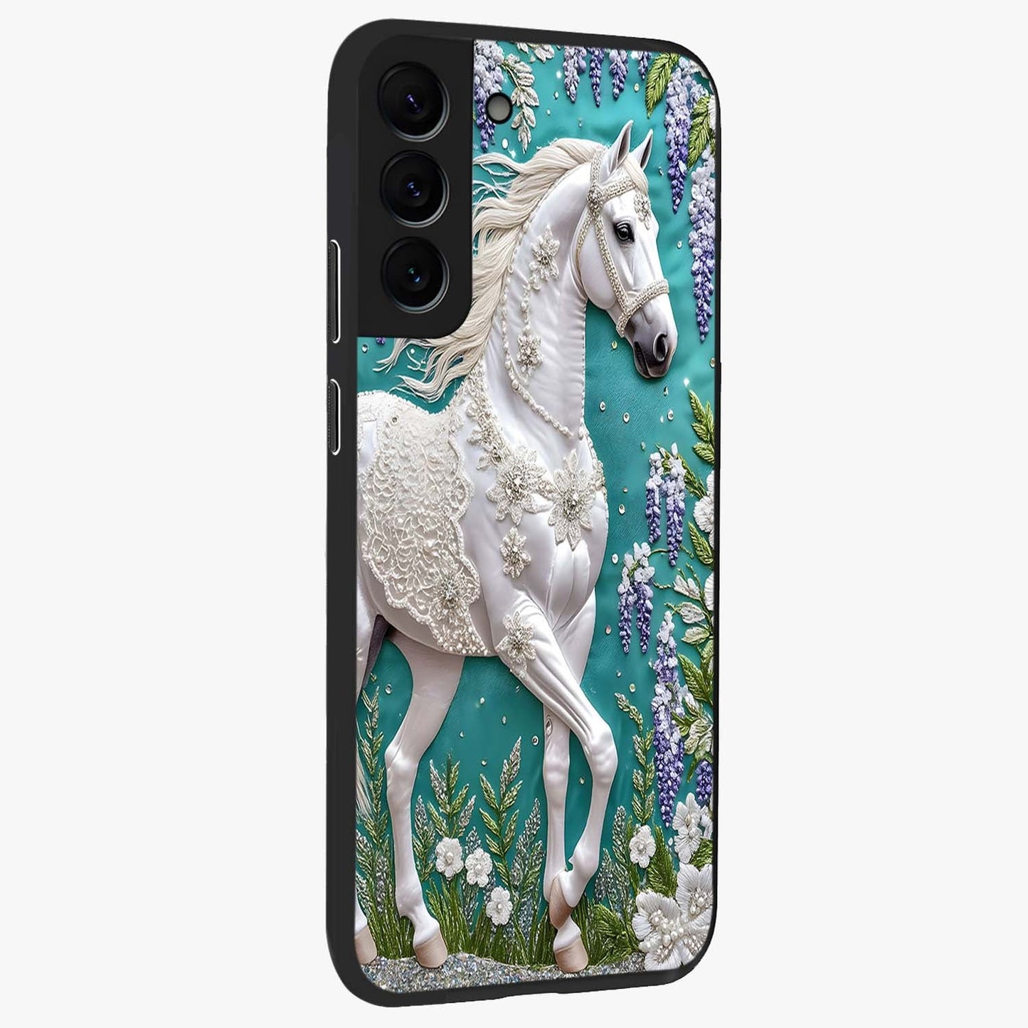 Majestic Floral Stallion Glass Case upright view showcasing dramatic horse artwork with decorative floral theme.