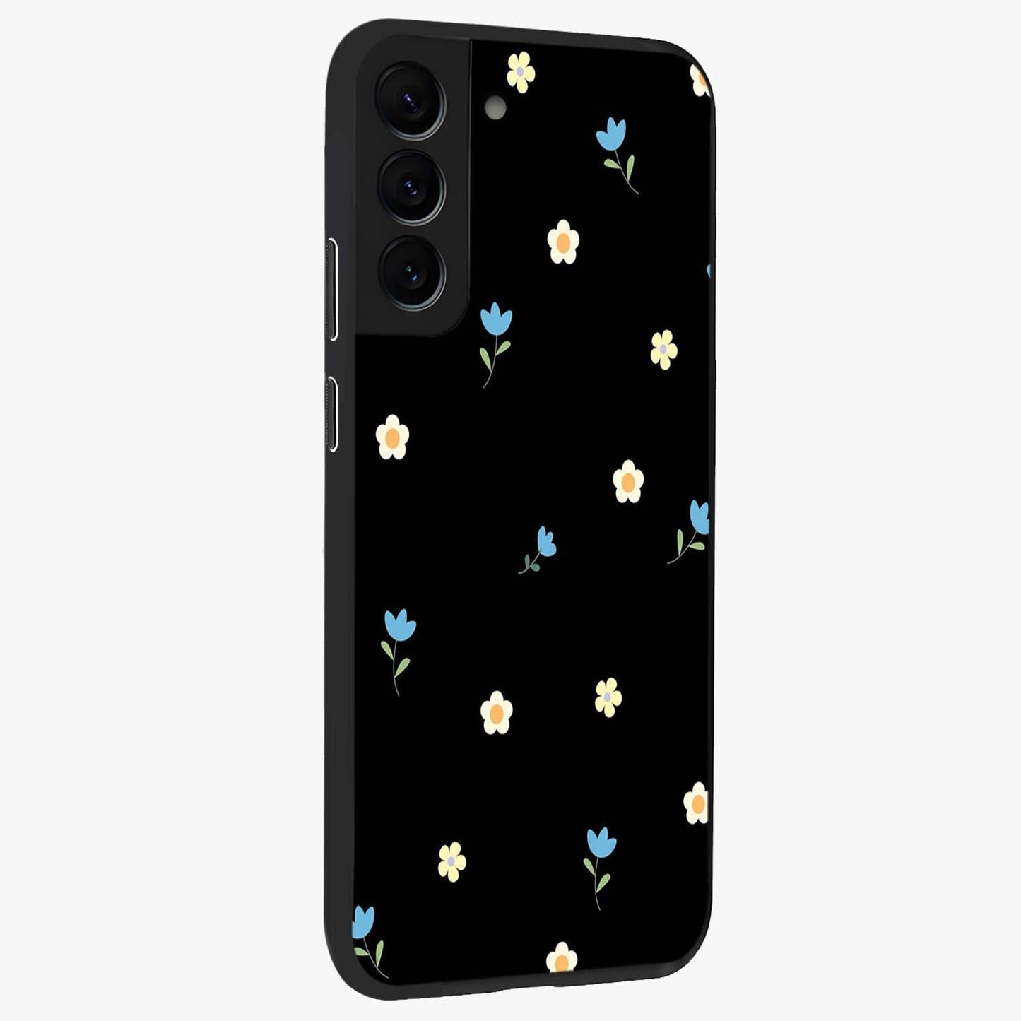 Minimal Petal Whispers Glass Case upright view showcasing elegant floral artwork with modern minimalist style.