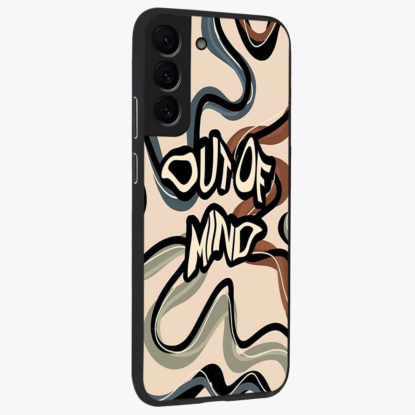 Out Of Mind Glass Case upright view showcasing striking typography artwork with edgy conceptual theme.