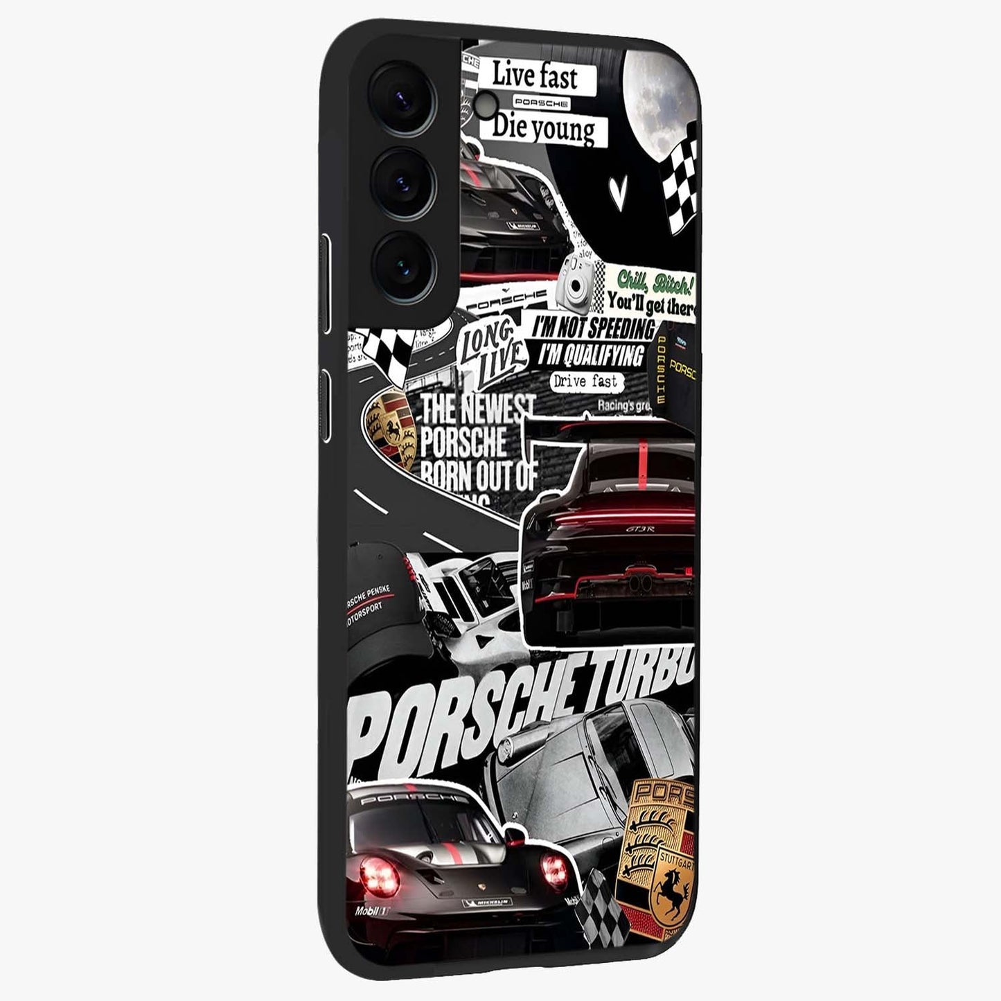 Porsche Racing Collage Glass Case upright view showcasing energetic car collage artwork with high speed racing theme.