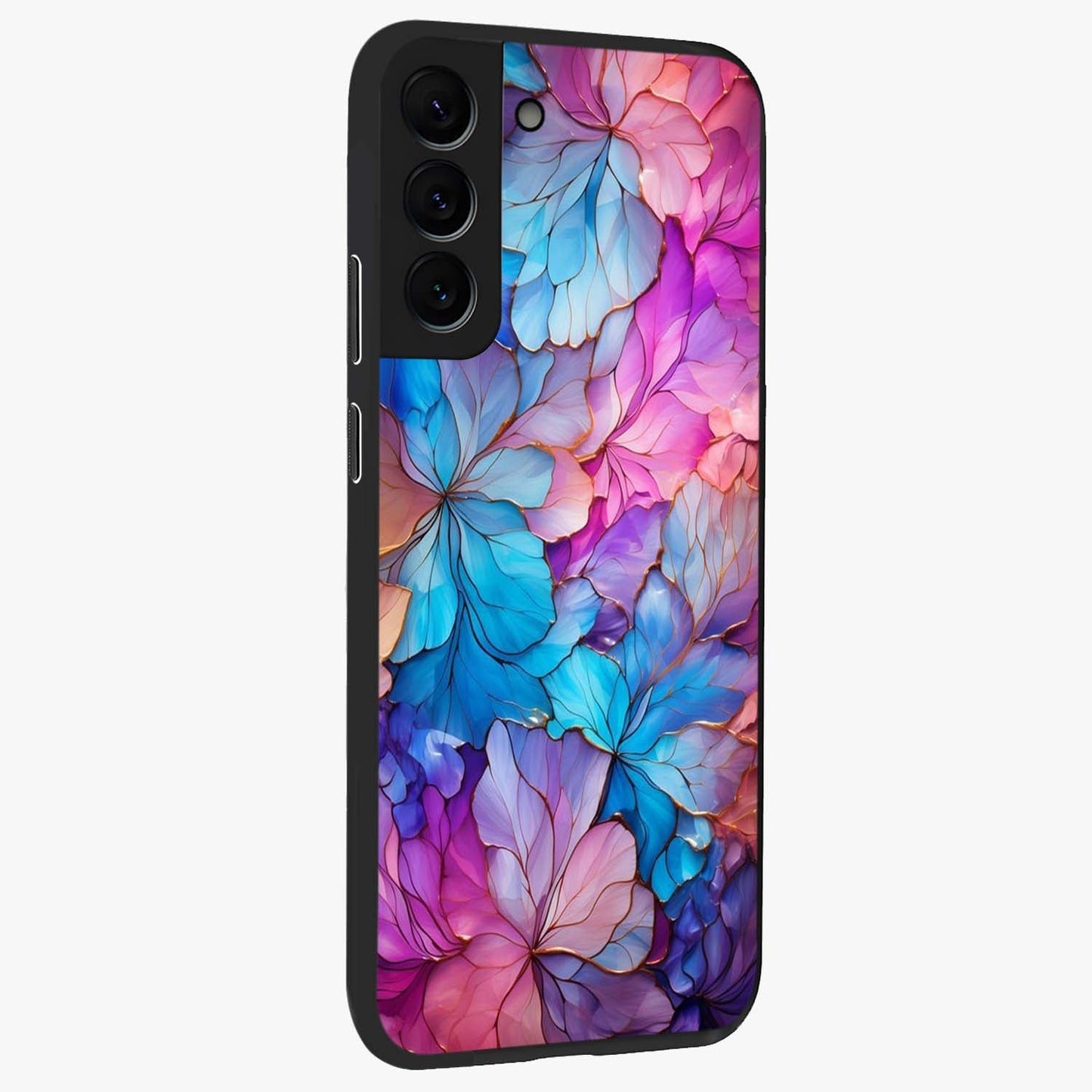 Radiant Floral Whirl Glass Case upright view showcasing lively floral artwork with decorative swirl theme.