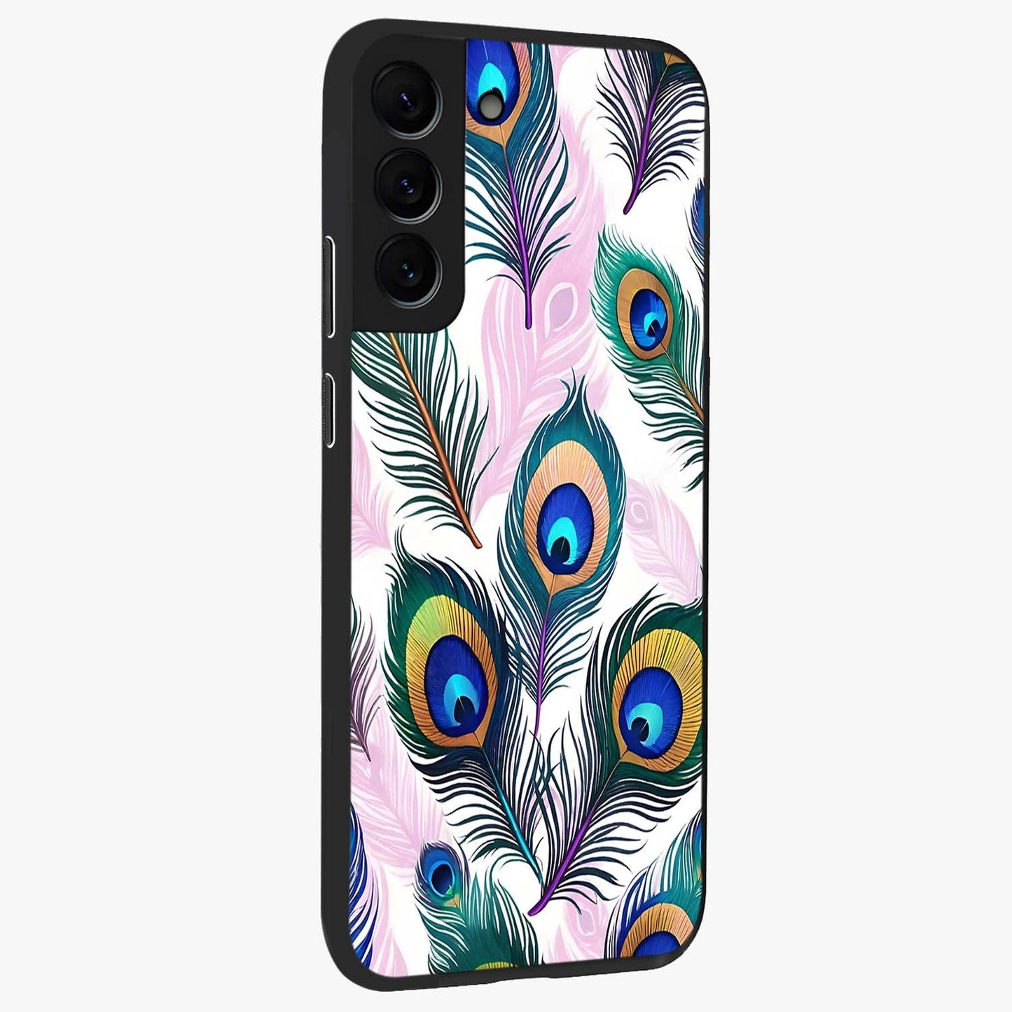 Royal Peacock Feathers Glass Case upright view showcasing elegant peacock feather artwork with decorative royal theme.