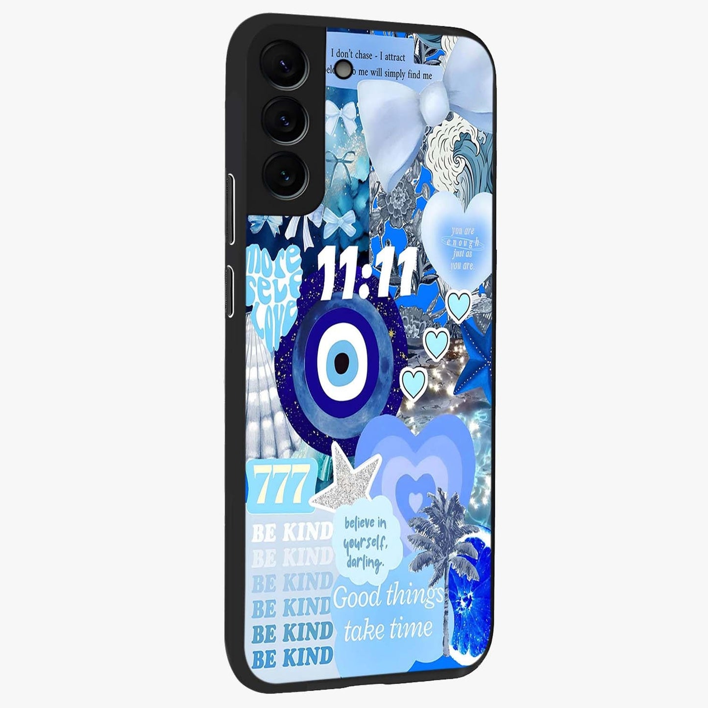 Aesthetic Be Kind Eye Glass Case upright view showcasing stylish eye illustration with positive message theme.