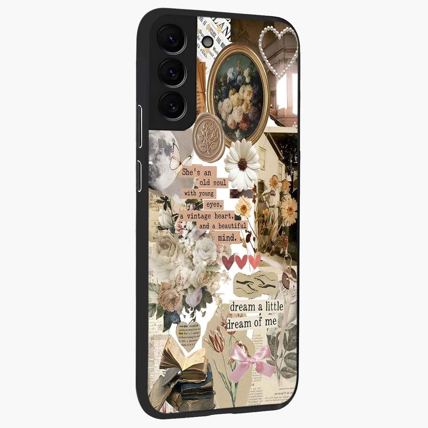 Aesthetic Brown Vintage Collage Glass Case upright view showcasing nostalgic retro artwork with stylish vintage theme.