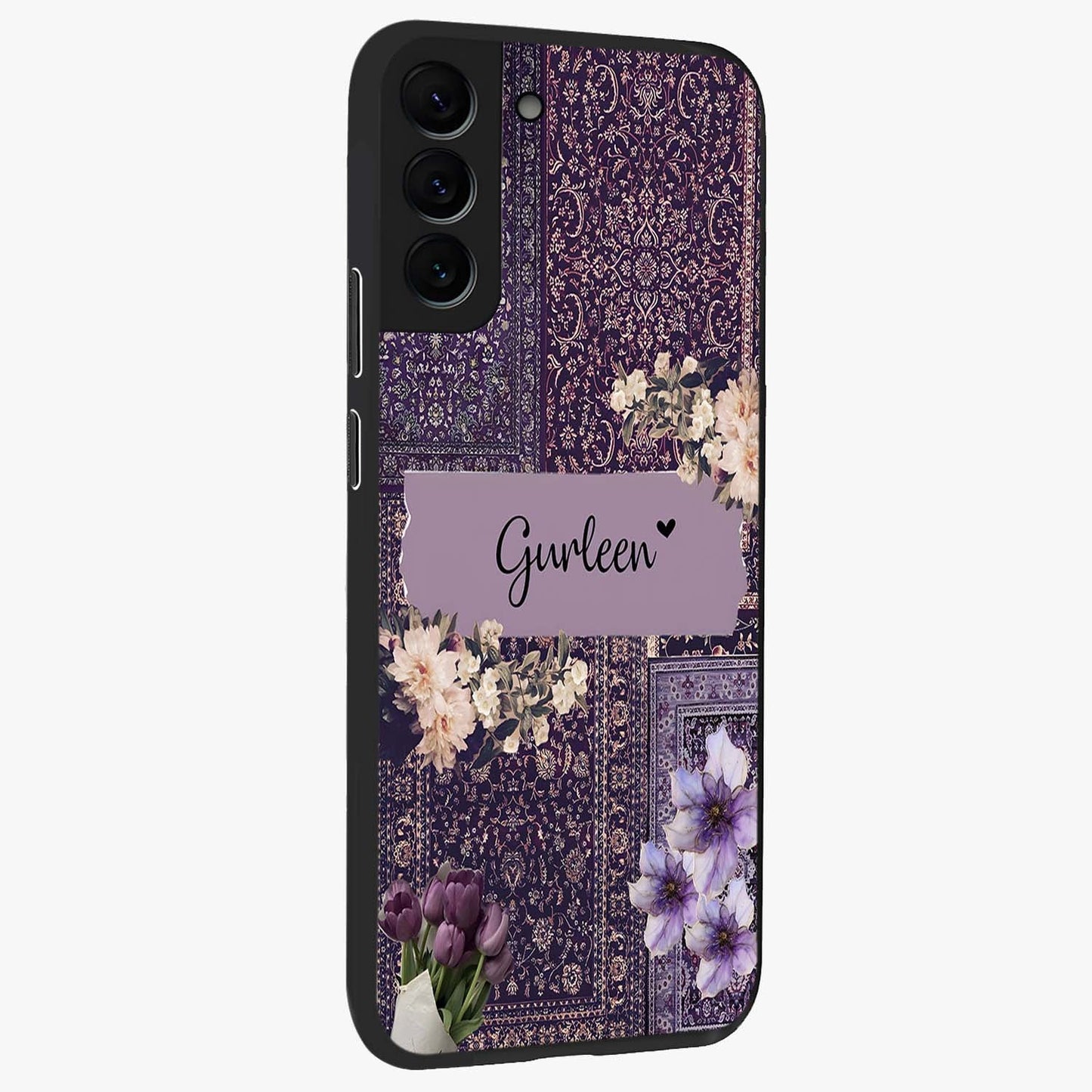 Antique Floral Whisper Custom Name Glass Case upright view showcasing delicate floral artwork with custom name feature.