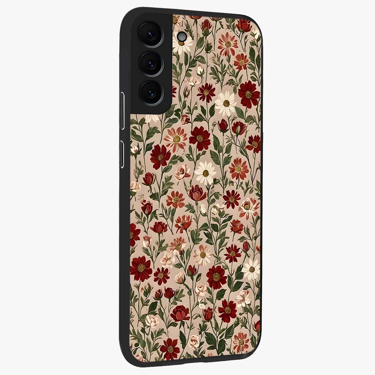 Biege Flower With Leaf Glass Case upright view showcasing delicate beige flower illustration with clean botanical style.