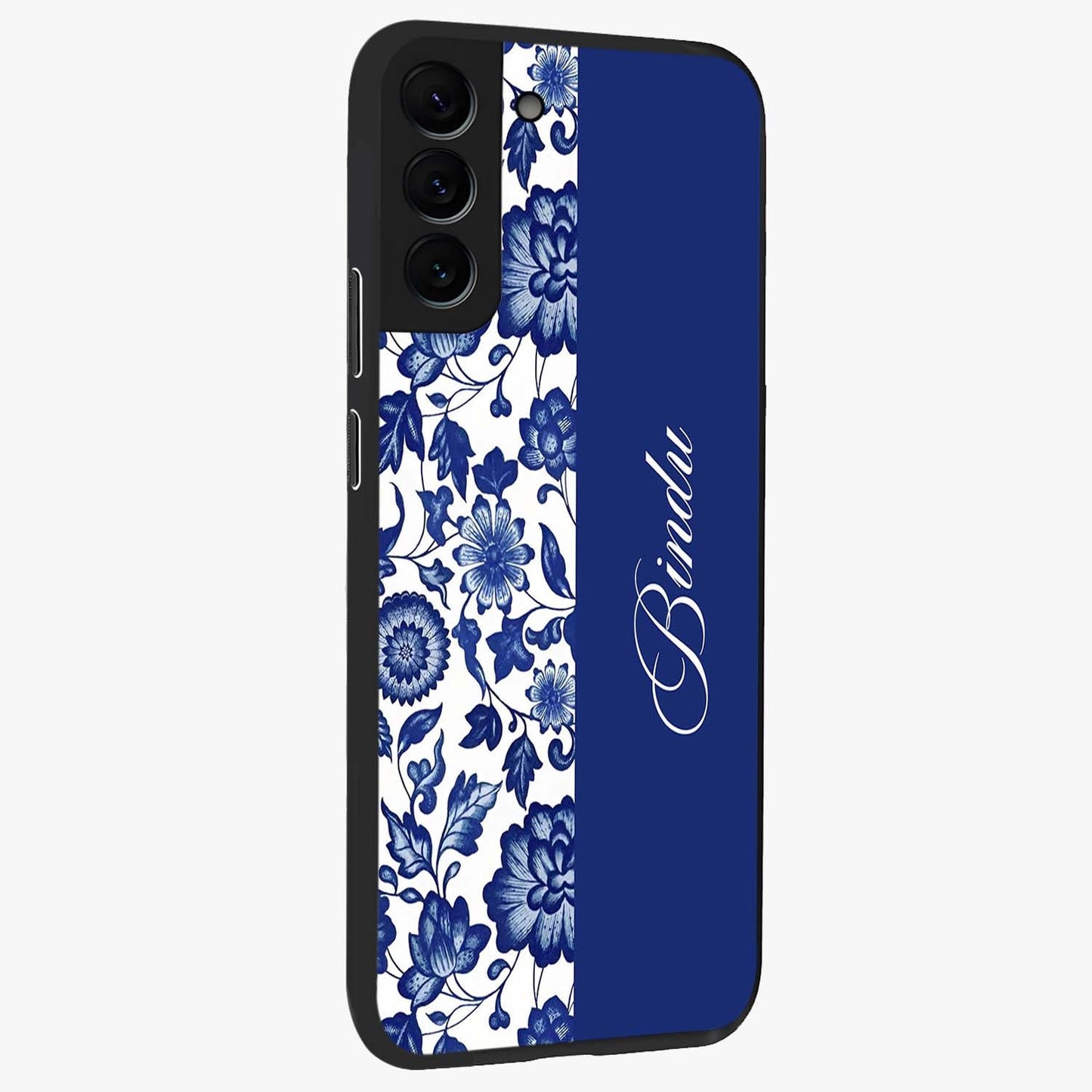 Blue Vintage Floral Pattern Glass Case upright view showcasing delicate blush floral texture with modern minimal style.
