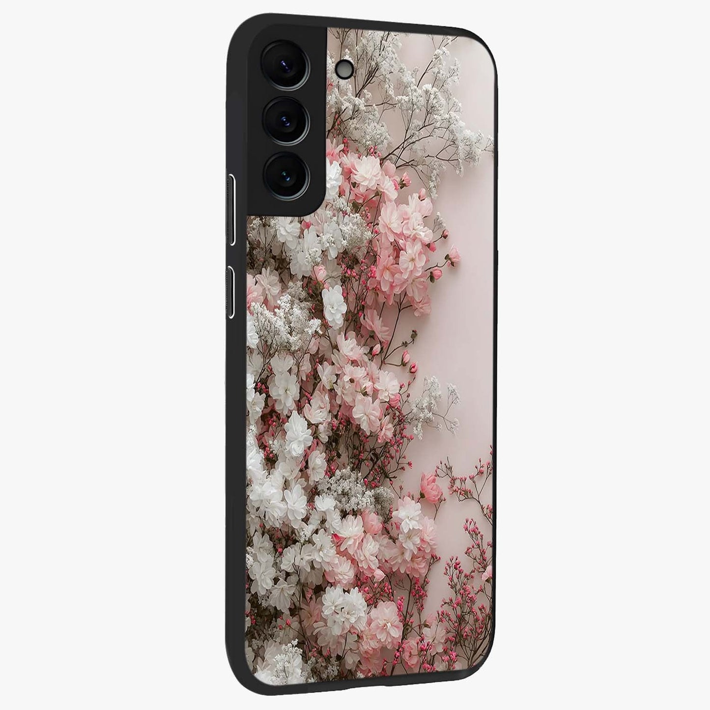 Blush Blossom Cloud Glass Case upright view showcasing calm floral cloud artwork with gentle dreamy theme.