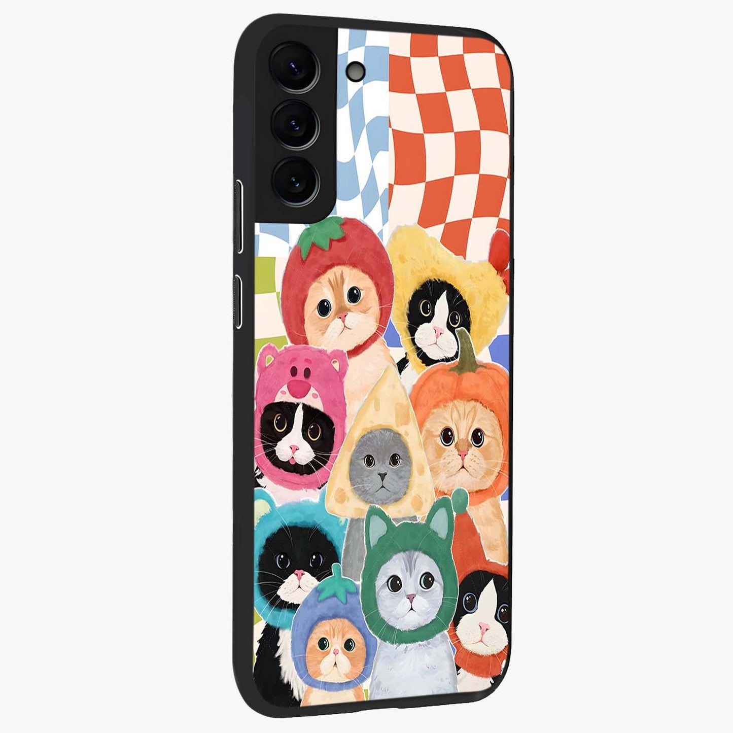 Cats in Fruits Glass Case upright view showcasing charming cat artwork with fun fruity theme.