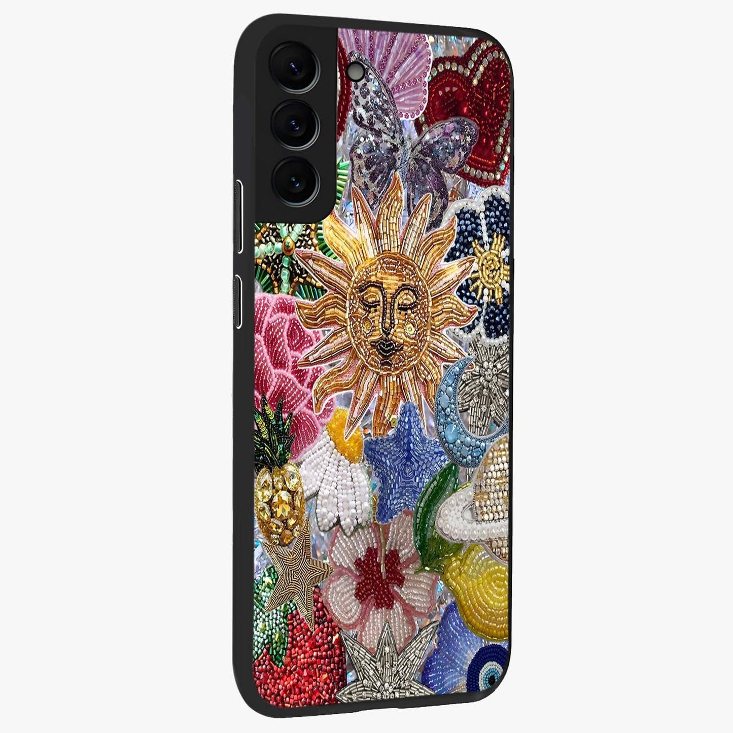 Celestial Floral and Playful Glass Case upright view showcasing whimsical floral artwork with cosmic aesthetic theme.