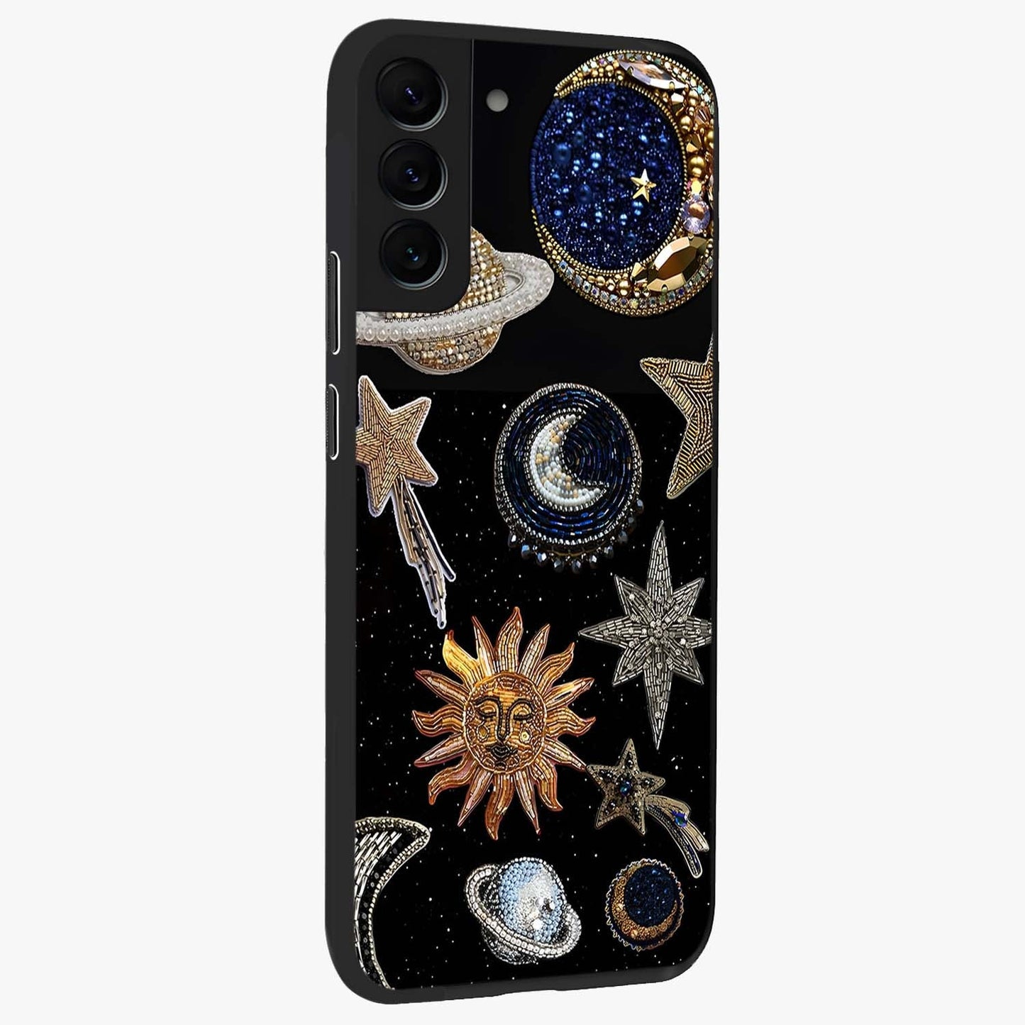 Celestial Gem Constellations Glass Case upright view showcasing cosmic constellation artwork with celestial aesthetic style.