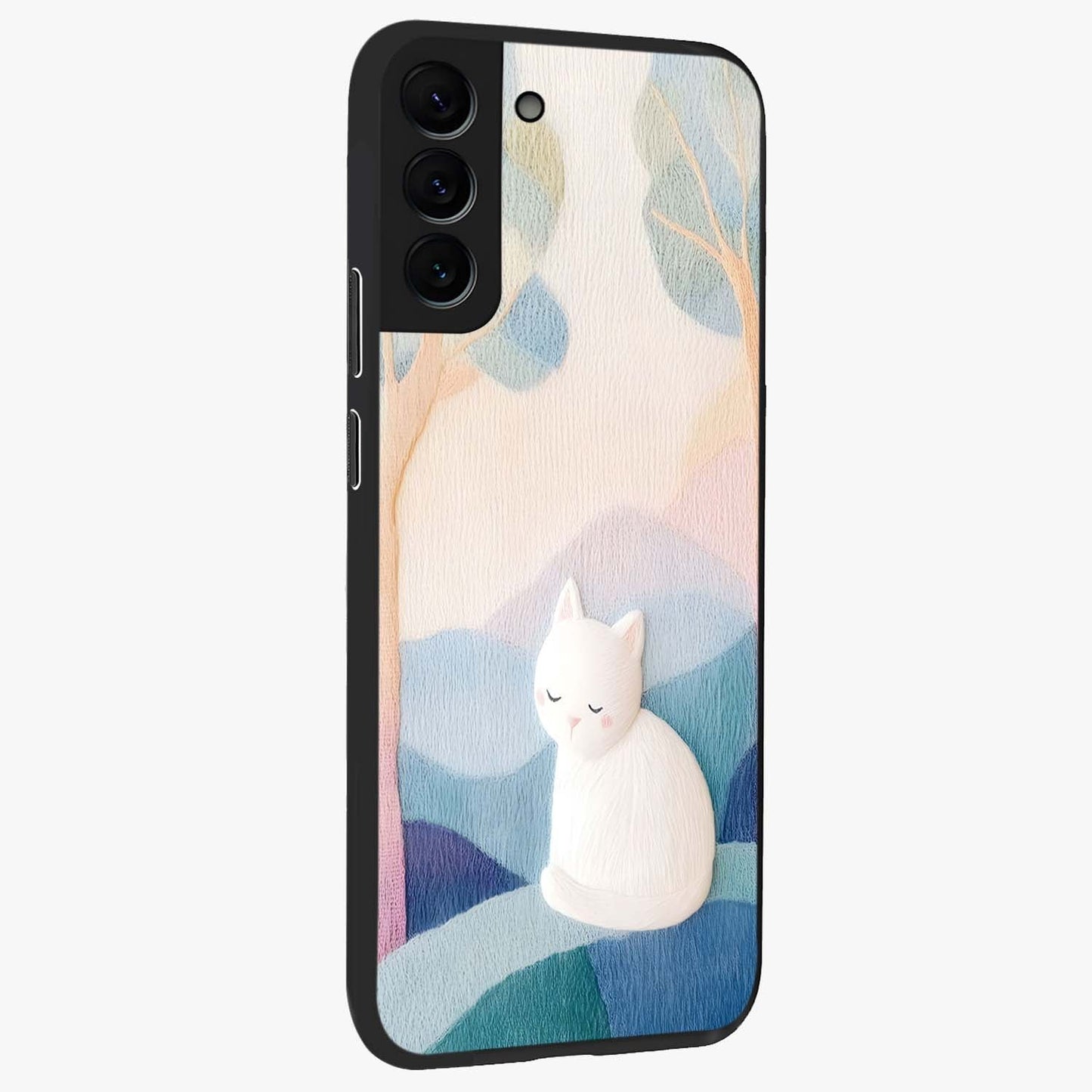Cotton Dream Cat Glass Case upright view showcasing charming cat artwork with cozy dreamy theme.