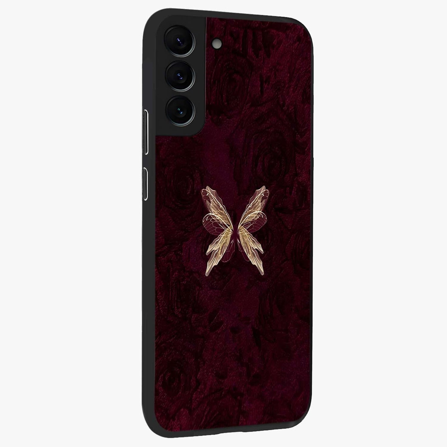 Crimson Fade Butterfly Glass Case upright view showcasing graceful butterfly artwork with soft crimson fade effect.