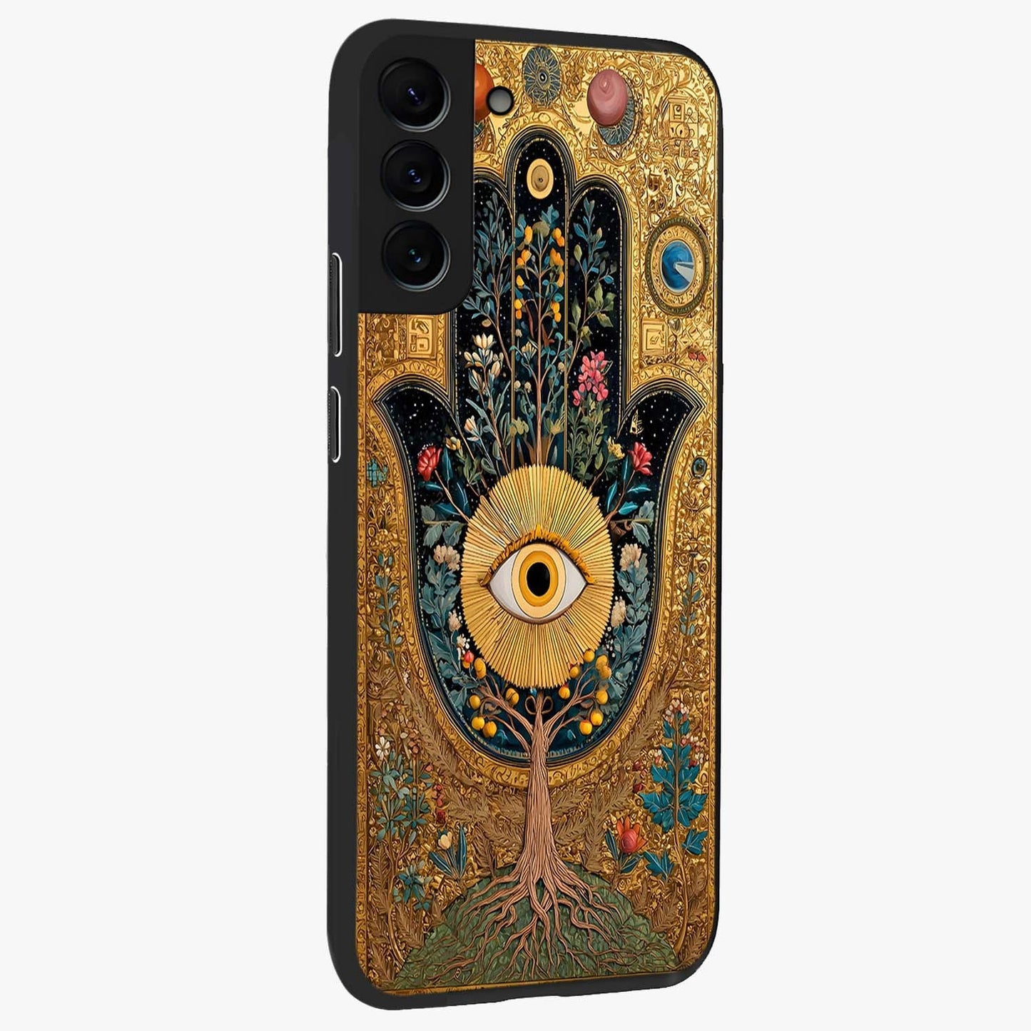 Ethereal Evil Eye Glass Case upright view showcasing celestial evil eye artwork with mystical theme.