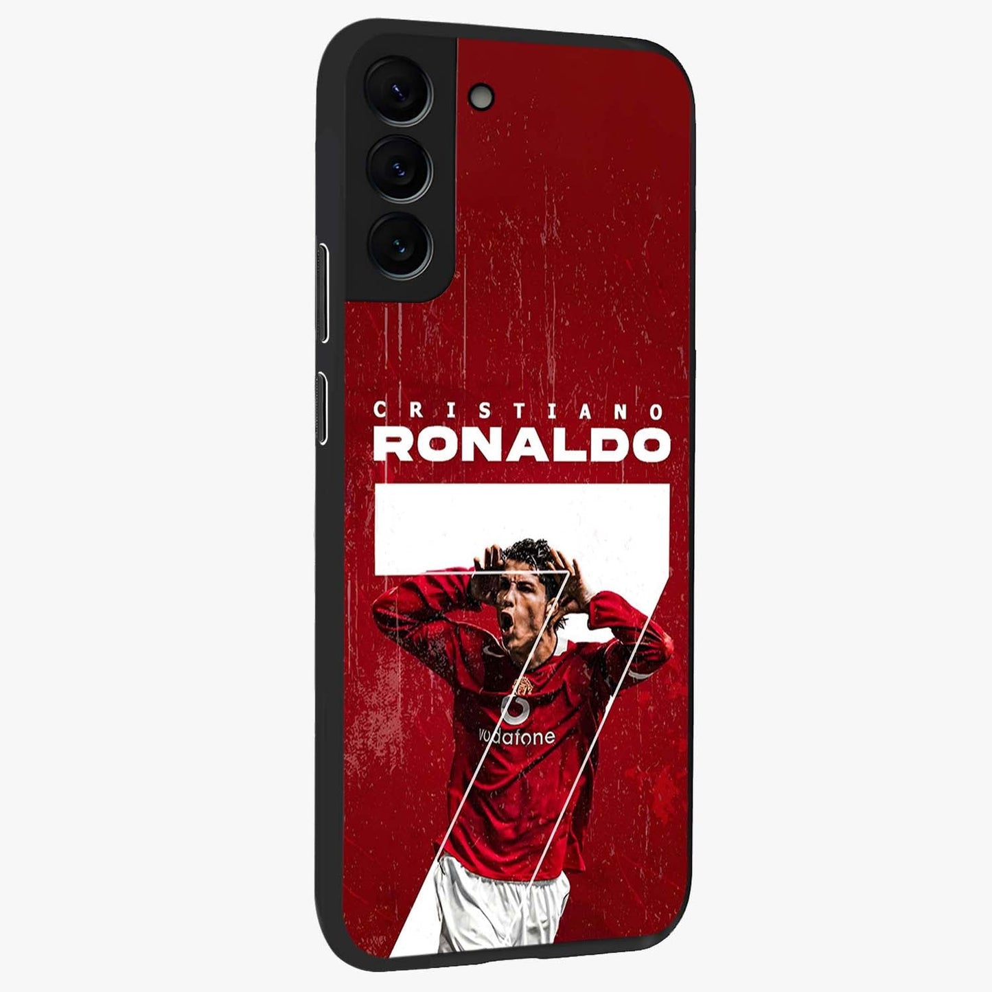 Goal Celebration Legacy Glass Case upright view showcasing dynamic football inspired artwork with victory celebration aesthetic.