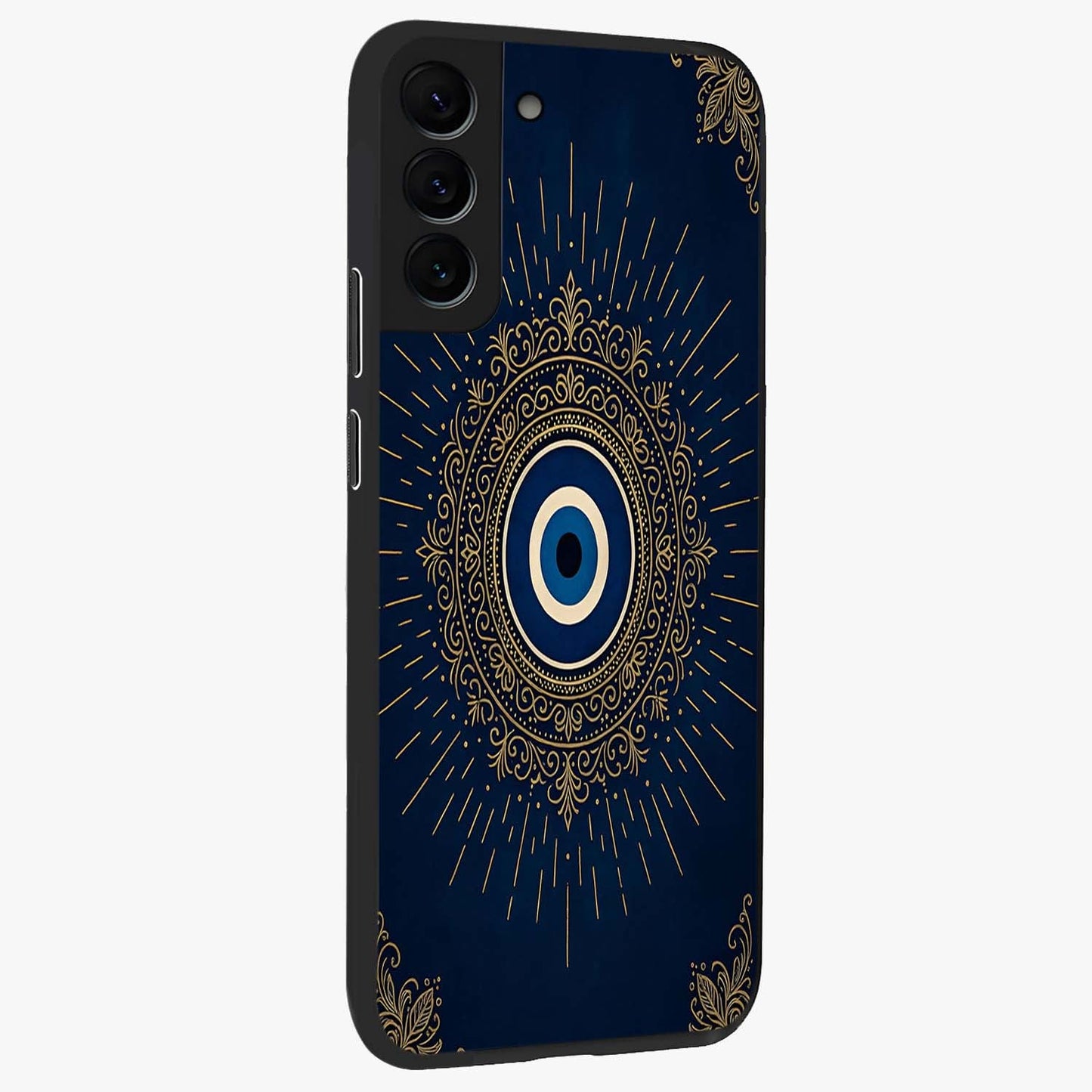 Golden Celestial Charm Glass Case upright view showcasing radiant celestial artwork with elegant golden theme.