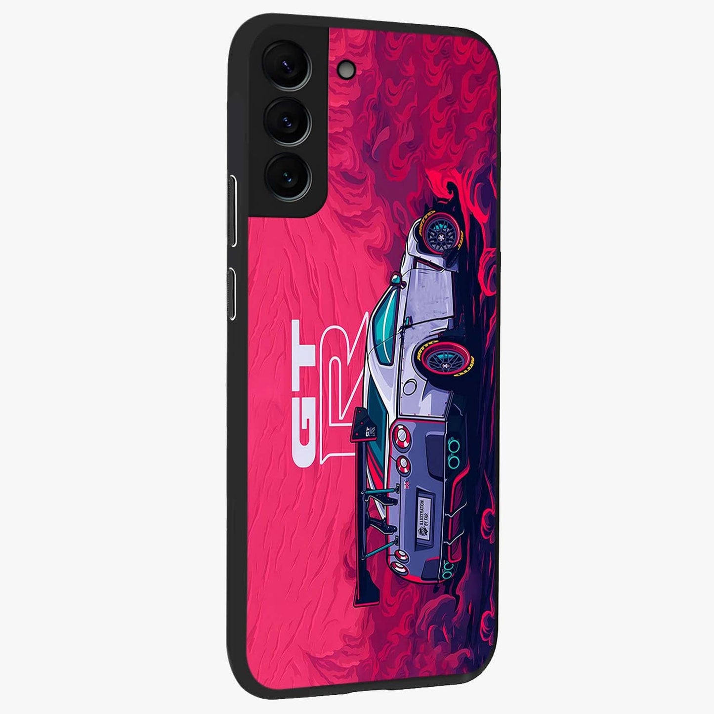 GT-R Car Pattern Glass Case upright view showcasing dynamic car pattern artwork with modern sports theme.