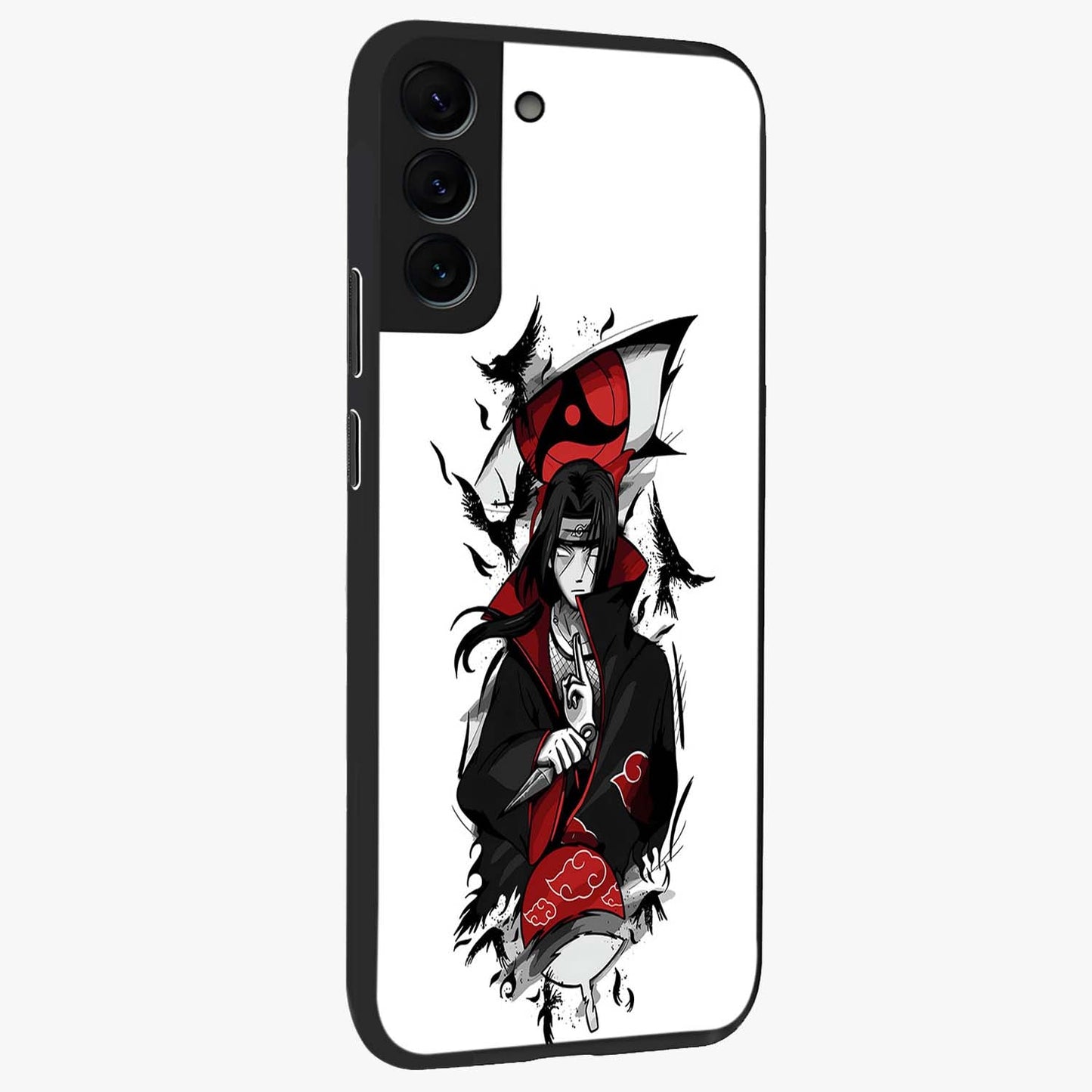 Itachi Sharingan Glass Case upright view showcasing intense anime eye artwork with bold character theme.