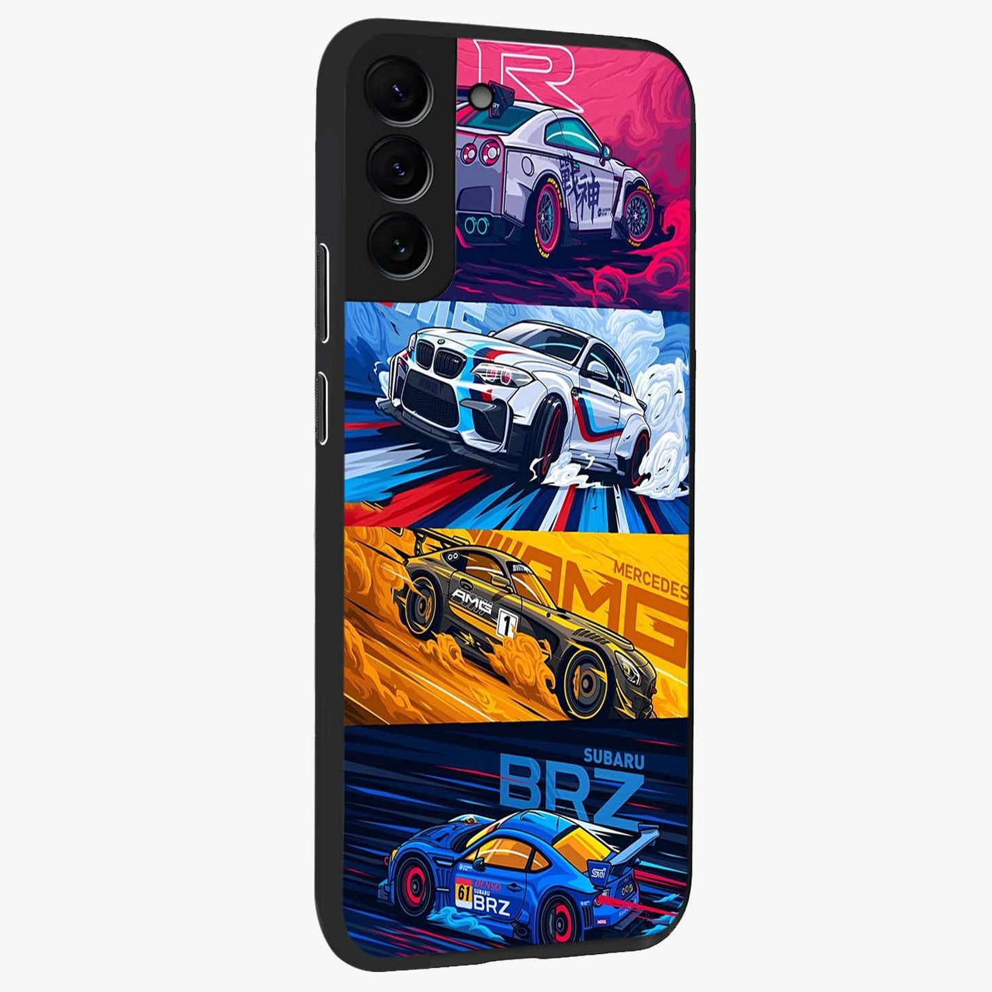 JDM Sports Car Glass Case upright view showcasing dynamic sports car artwork with bold racing theme.
