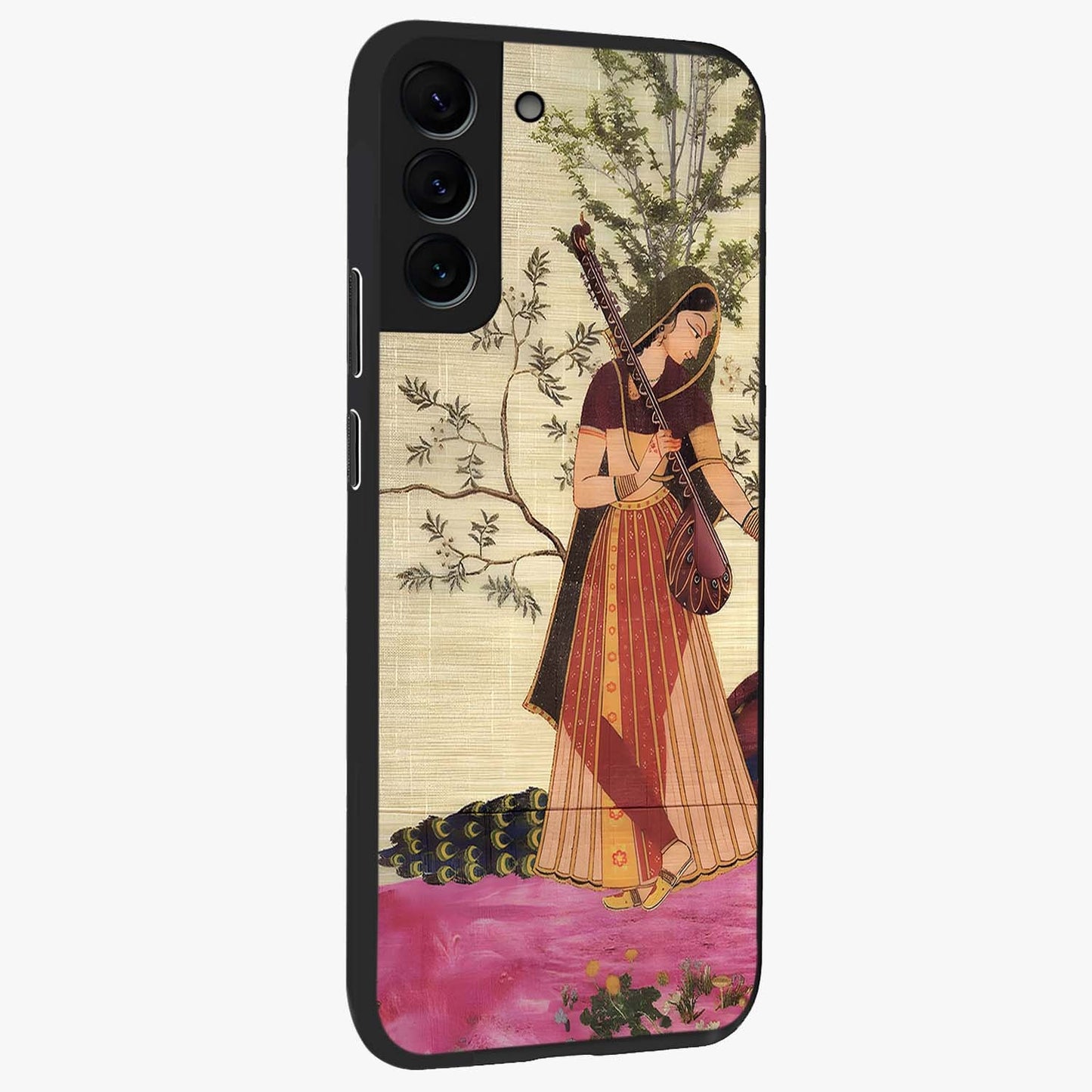 Lady With Veena Art Glass Case upright view showcasing classical veena artwork with traditional artistic theme.