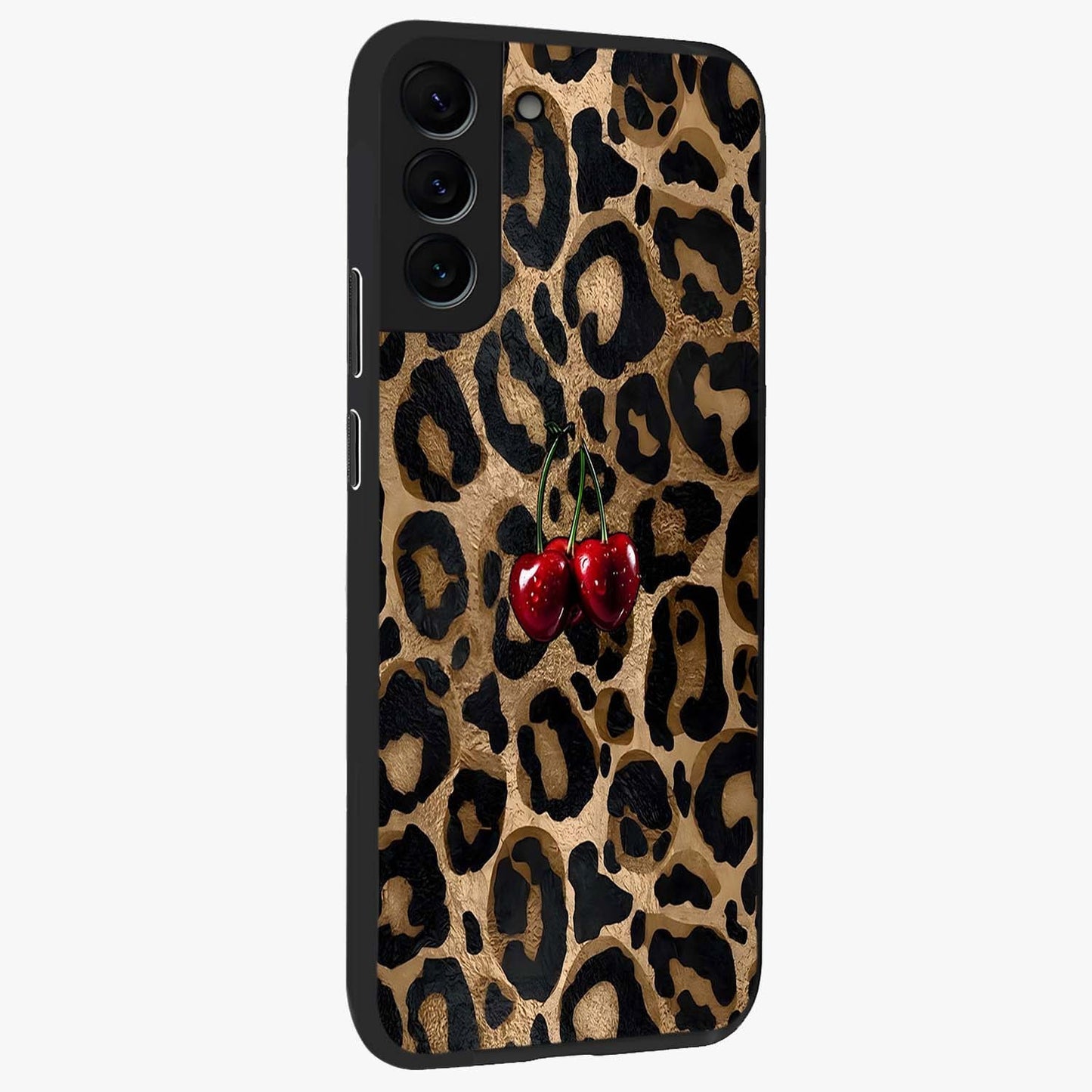 Leopard Wild Cherry Glass Case upright view showcasing stylish leopard pattern artwork with trendy fashion theme.