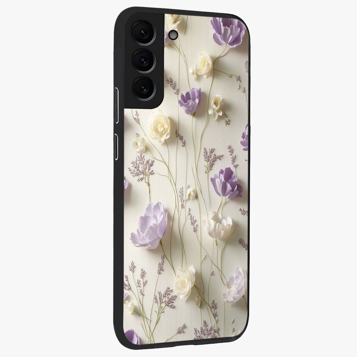 Lilac Breeze Harmony Glass Case upright view showcasing delicate lilac artwork with peaceful floral theme.