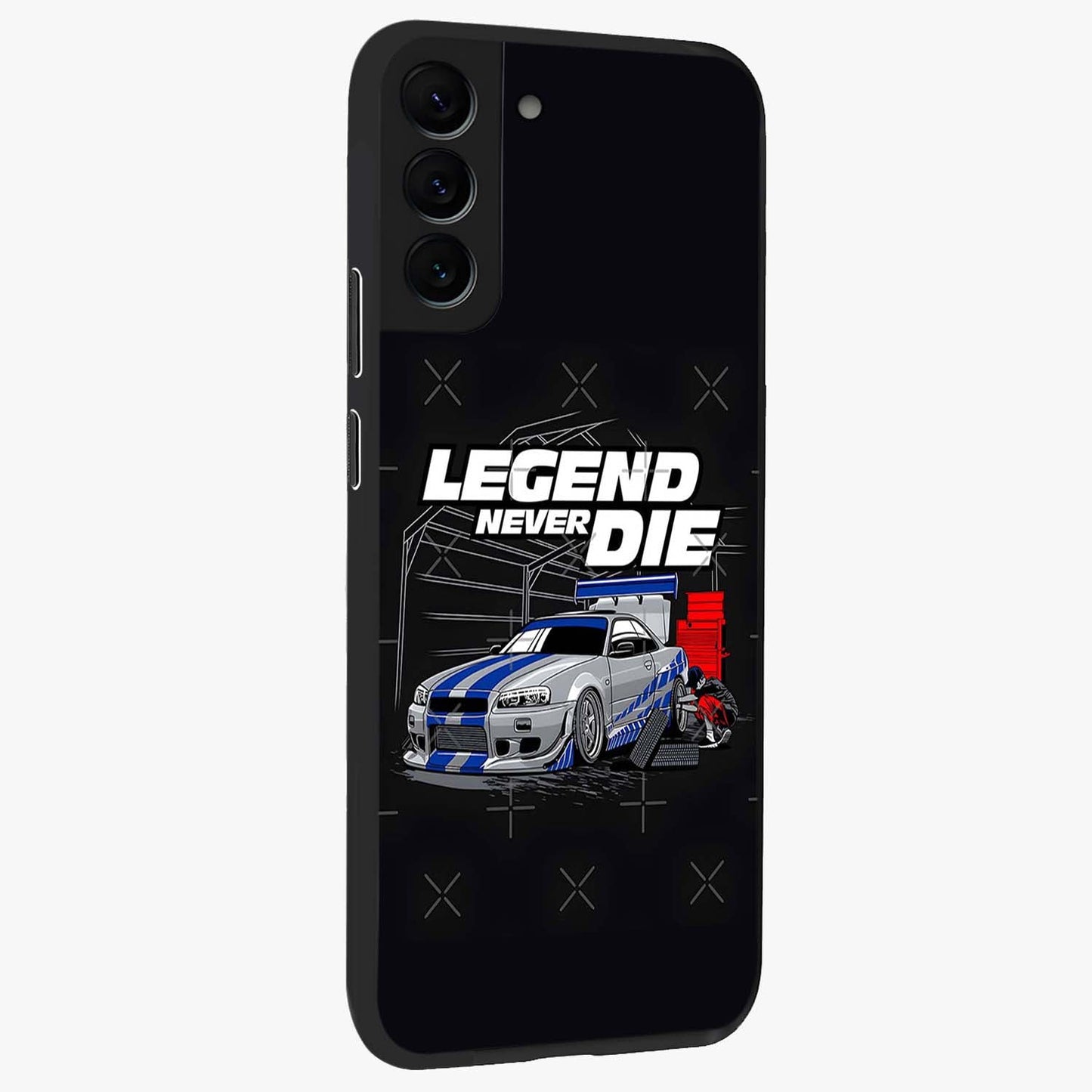 Midnight Racing Legacy Glass Case upright view showcasing powerful racing artwork with modern sports theme.