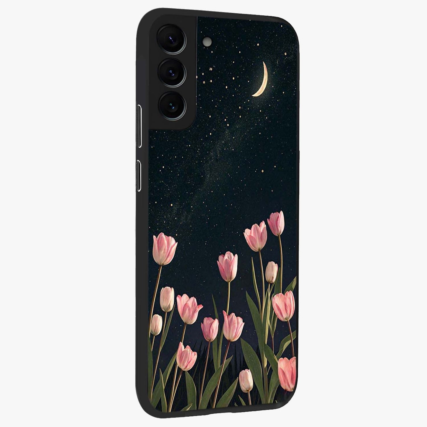 Midnight Tulip Whispers Vibe Glass Case upright view showcasing graceful tulip artwork with calm botanical theme.