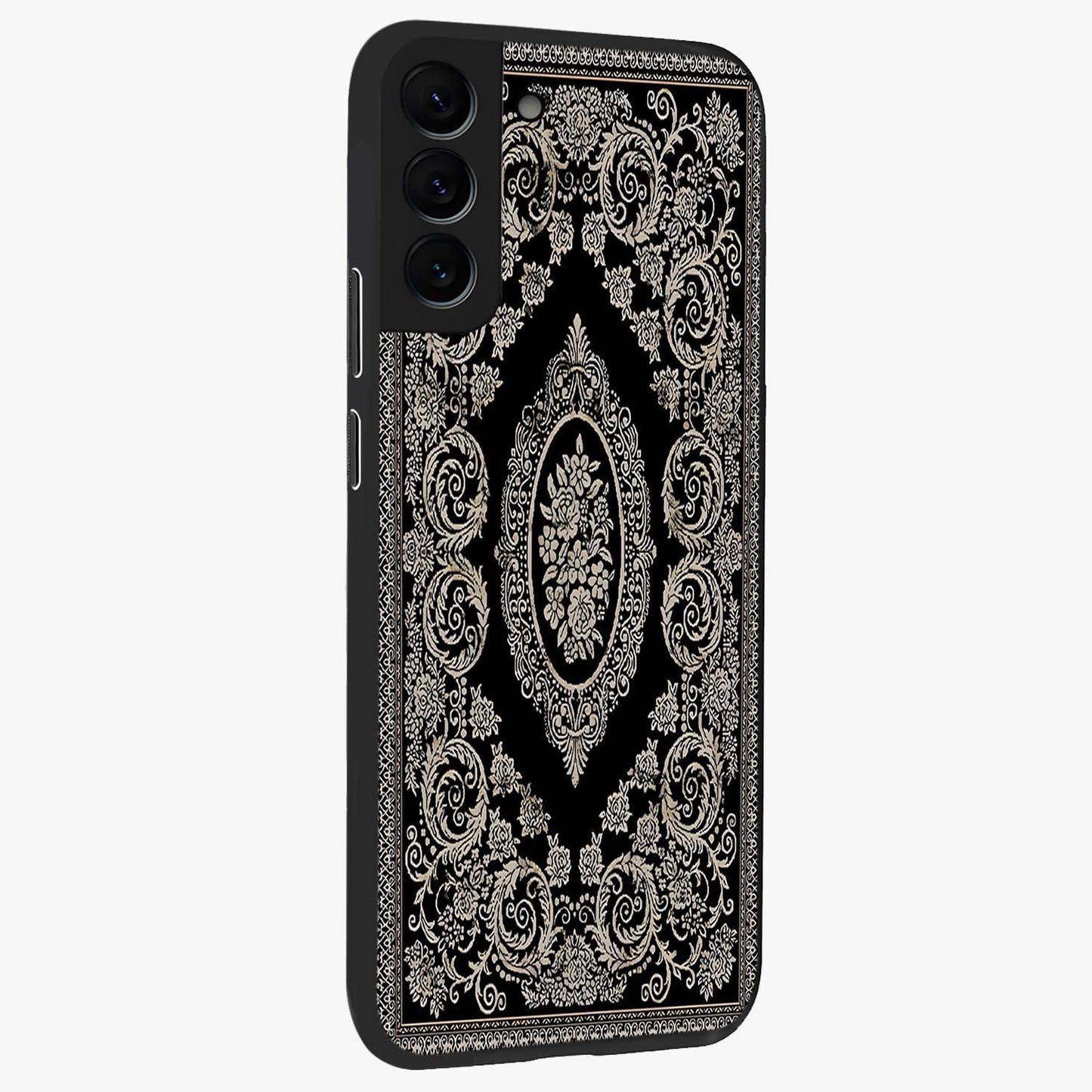 Noir Bloom Elegance Glass Case upright view showcasing graceful floral artwork with luxurious dark theme.