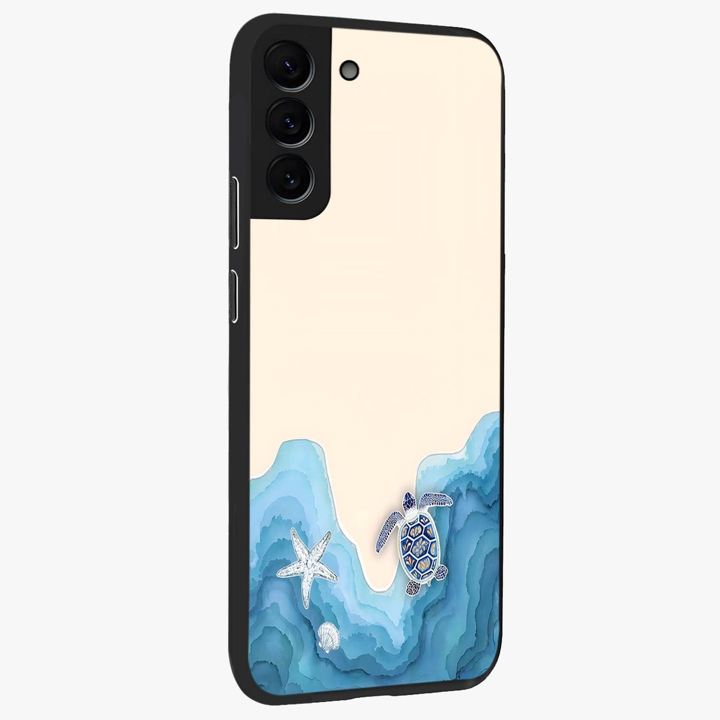 Ocean Drift Turtle Glass Case upright view showcasing calm underwater turtle artwork with nature inspired theme.