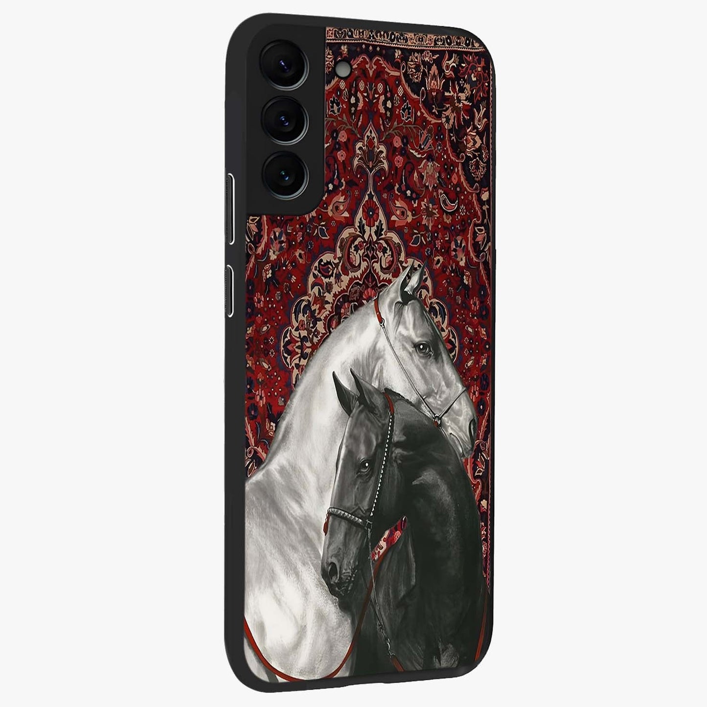 Regal Stallion Tapestry Glass Case upright view showcasing powerful horse artwork with elegant tapestry theme.