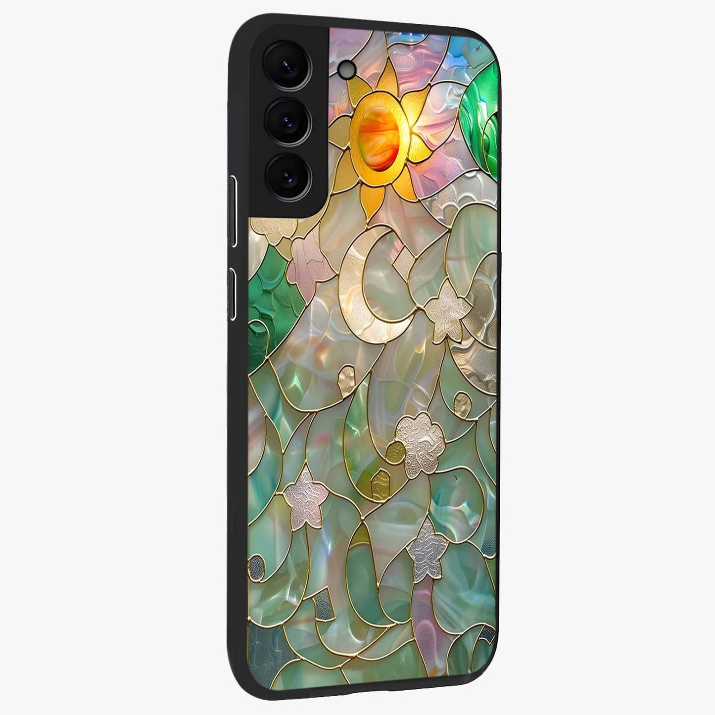 Stained Sunrise Glow Glass Case upright view showcasing colorful sunrise artwork with warm morning theme.