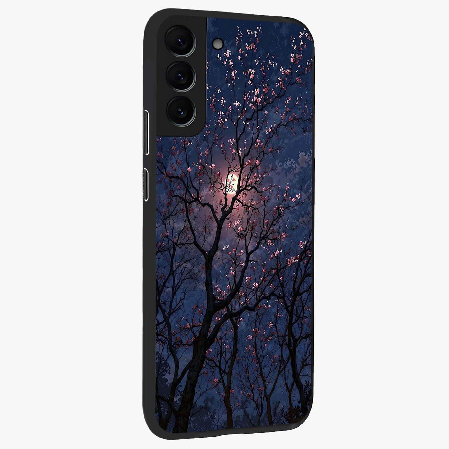 Twilight Sakura Serenade Glass Case upright view showcasing beautiful cherry blossom artwork with serene evening theme.